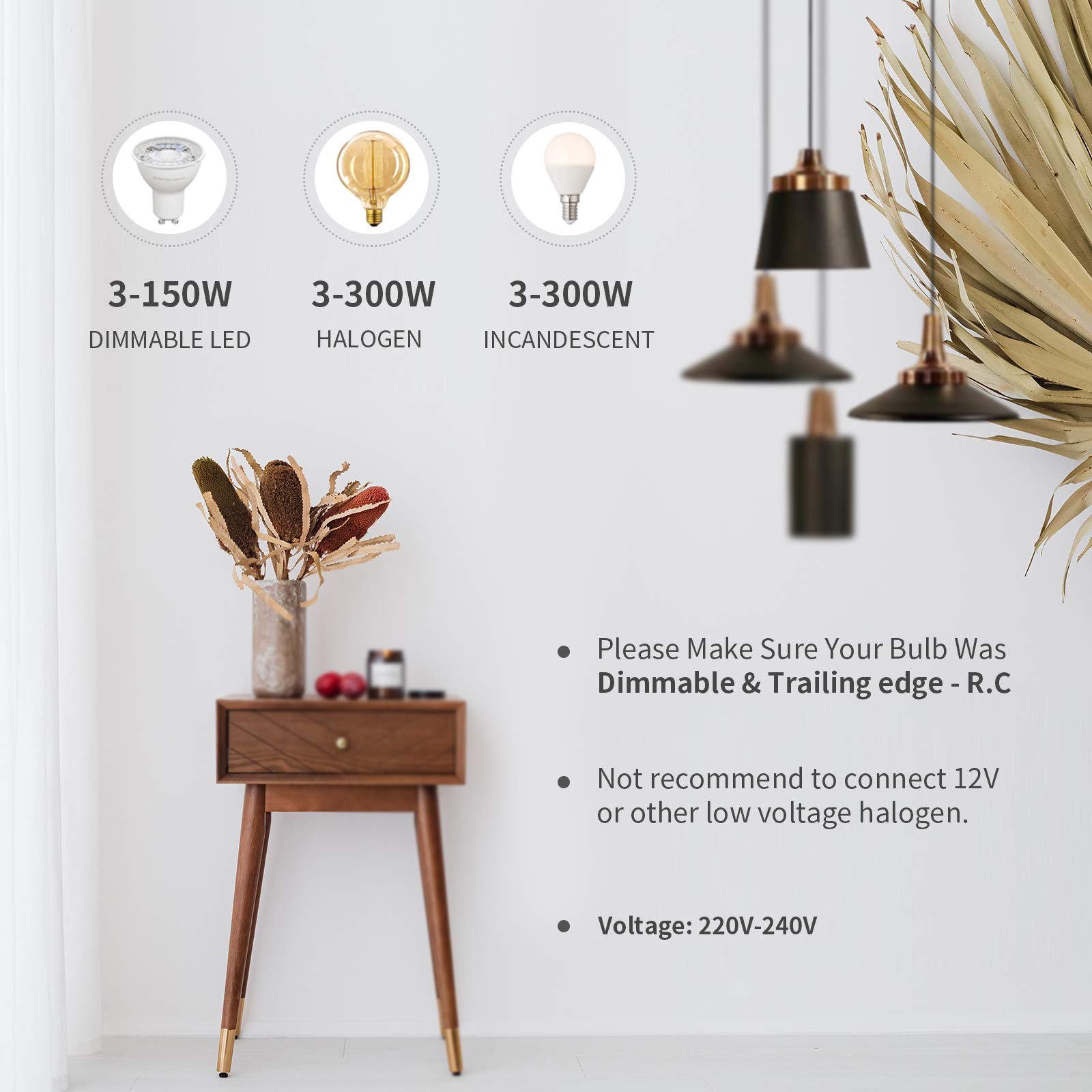 Lot de 2 interrupteurs LED - Variateur rotatif - Pour LED à intensité variable de 3 à 150 W - Halogène de 3 à 300 W - Pour lampes LED - 230 V