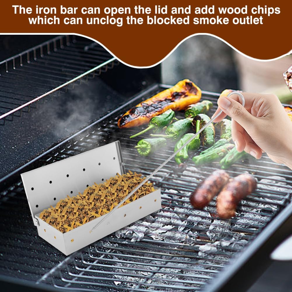Smoker Box with BBQ Skewer for Gas Grill or Charcoal Grill, Stainless Steel Smoke Box, Works with Wood Chips, Add Smoked BBQ Flavor, Hinged Lid(Silver)