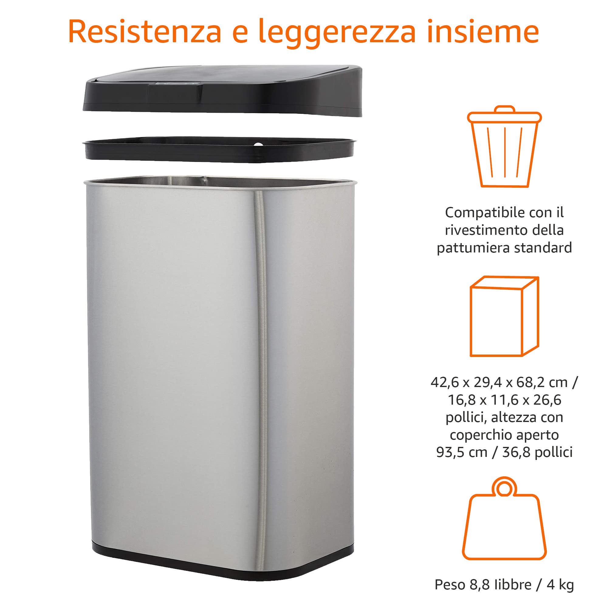 Amazon Basics Pattumiera in acciaio inox, automatica, Rettangolare, da 60 litri, Argento, Nero