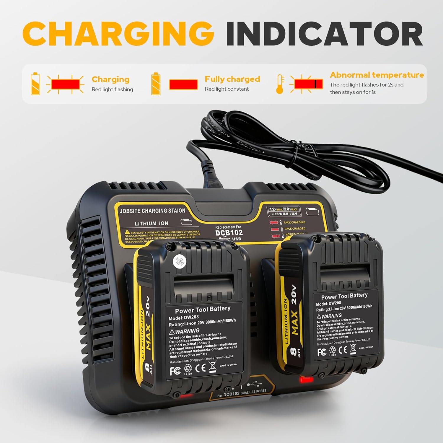 8.0Ah 20V Lithium ion Compatible with DCB208 Battery 4-Pack and DCB102 Battery Charger Station Compatible for Dewalt 20V Max Batteries DCB207 DCB206 DCB204 DCB203 DCB200 DCB201 Cordless Power Tools