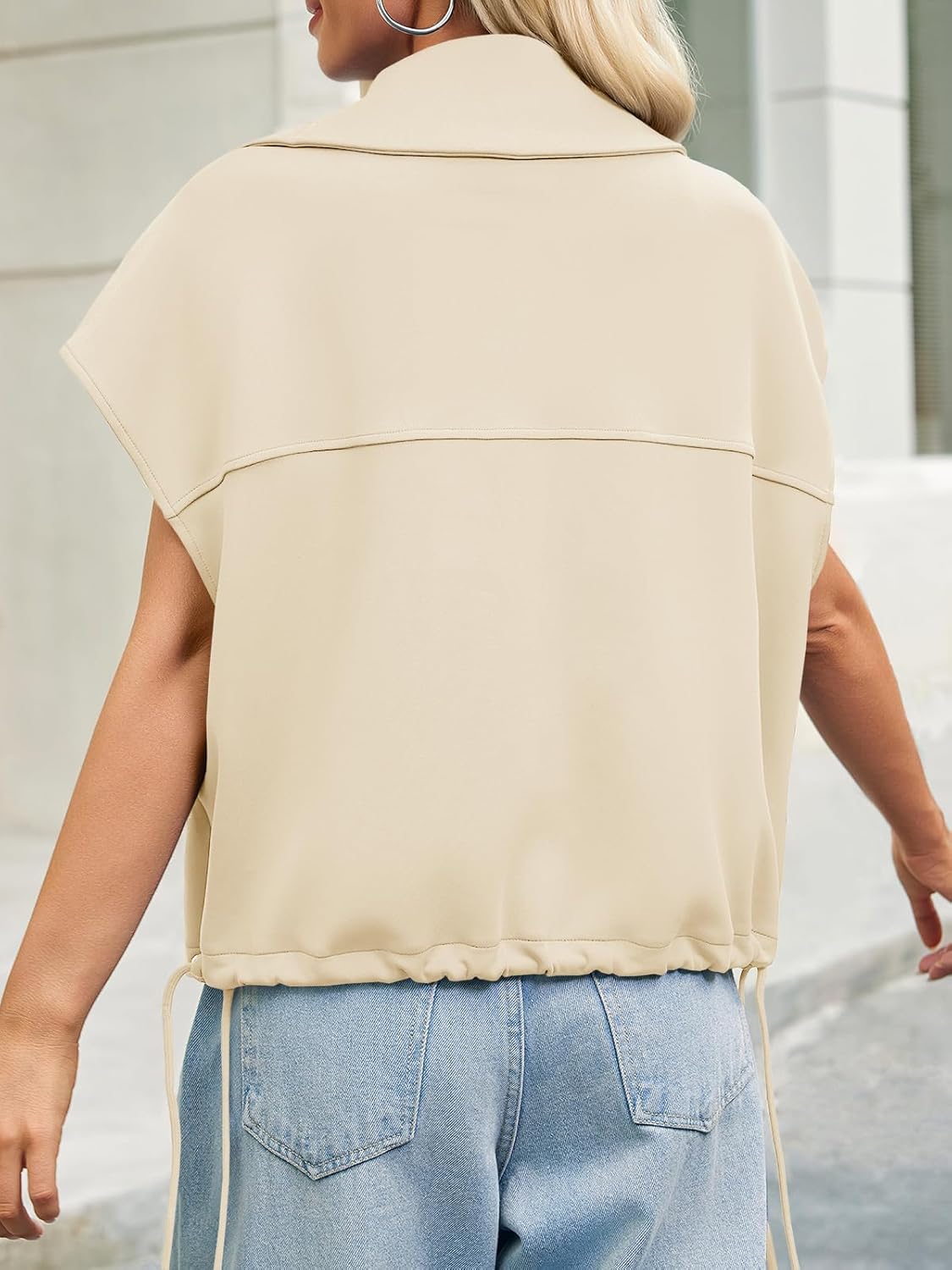 Cicy Bell Womens Fall Oversized Vest Cropped Button Down Cap Sleeve Lapel Collar Jackets Casual Drawstring Outerwear - Image 3