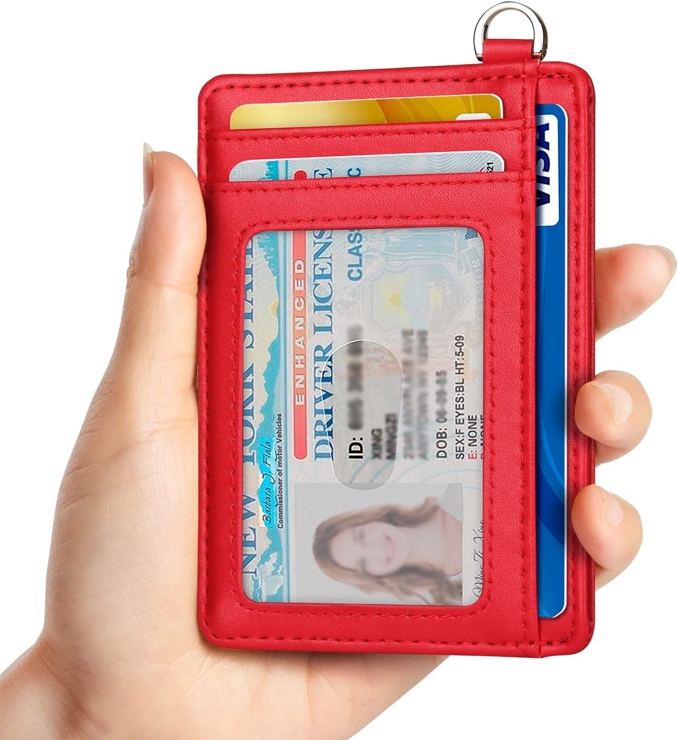 EcoVision Slim Minimalist Front Pocket Wallet, RFID Blocking Credit Card Holder Wallet with Detachable D-Shackle for Men Women Cowhide Red