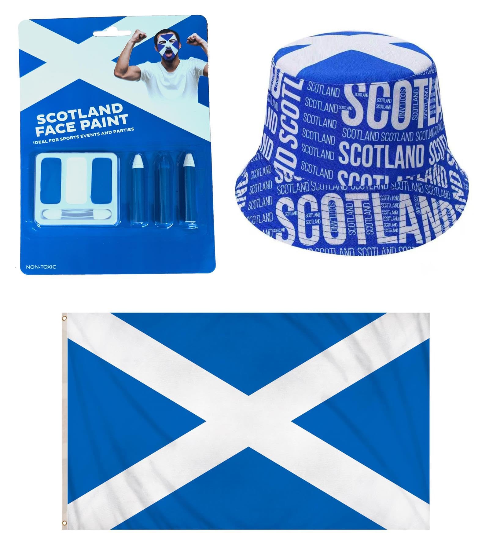 The Dragons Den Adults Scotland Graphic Bucket Hat 5ft x 3ft Flag & Face Paint St Andrews Day Supporters Kit