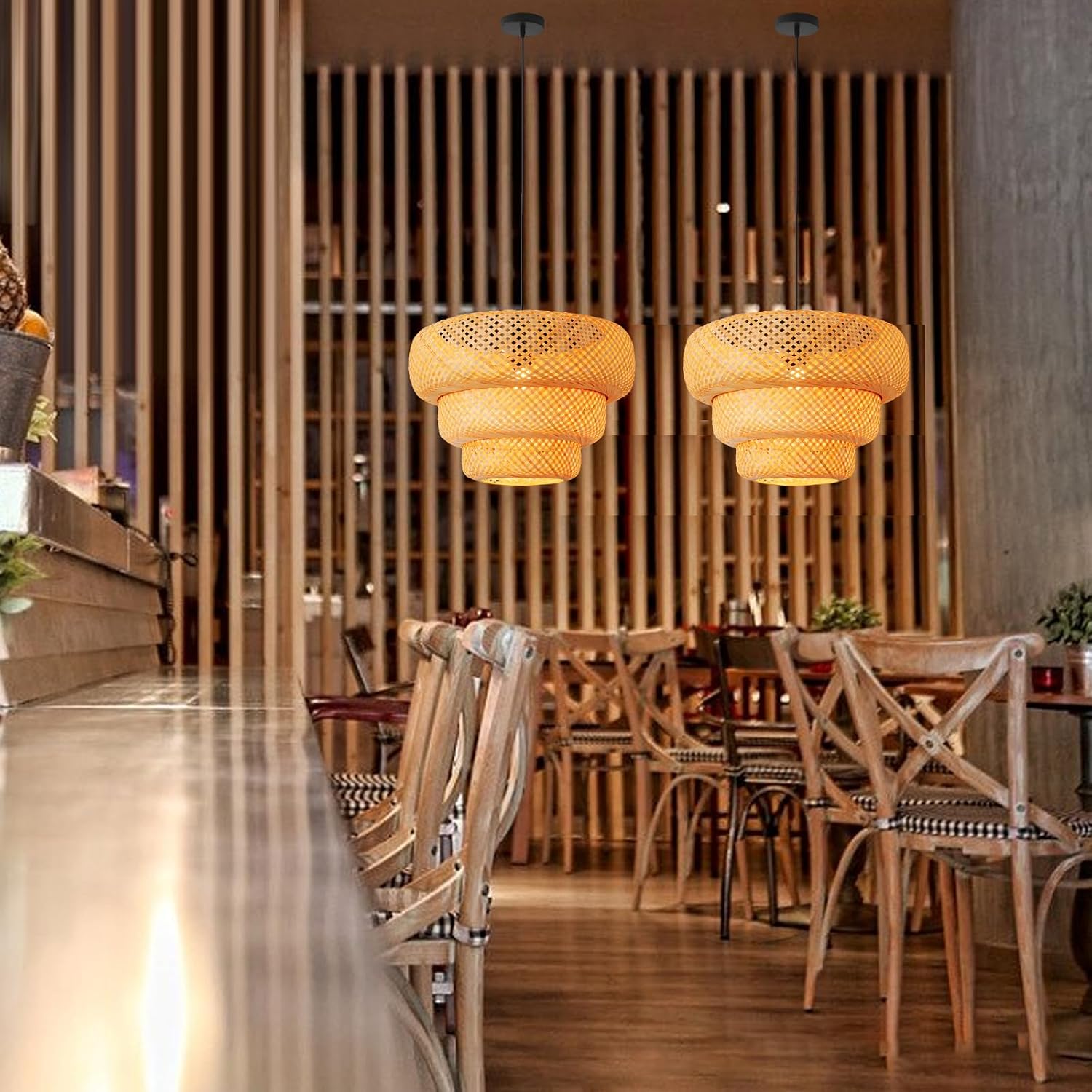 18.5" Bamboo Pendant Light,Boho Rattan Hanging Light 3-Tier Hand Woven Wicker Chandelier for Kitchen Island for Kitchen Island Dining Bedroom Living Room Restaurants
