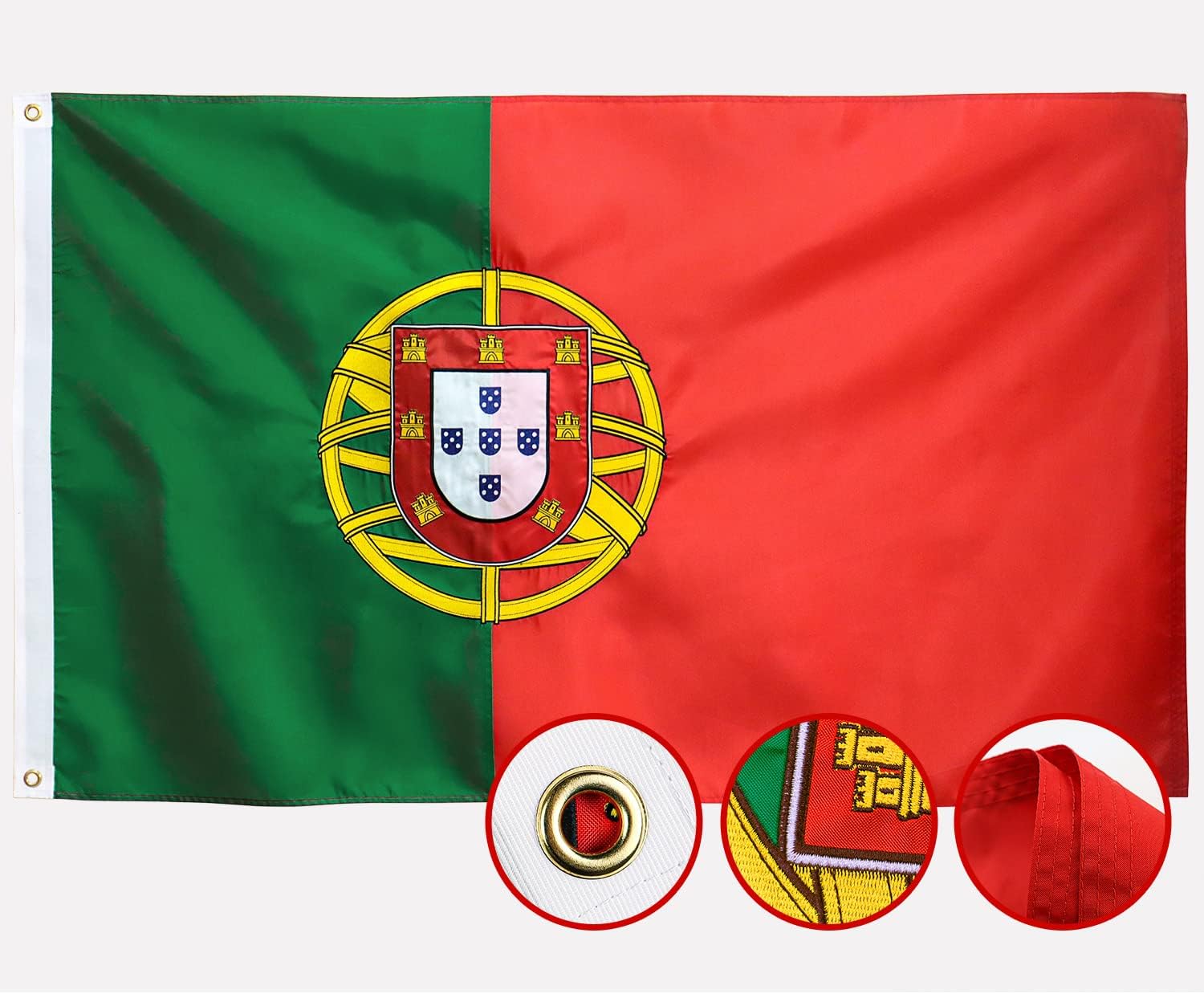 Double Sided Portugal Flag 3x5 Outdoor Portuguese Flags Embroidered, Heavy Duty 210D Nylon, Sewn Stripes, Stronger Brass Grommets,4 Stitched Hemming, Perfect for Outside