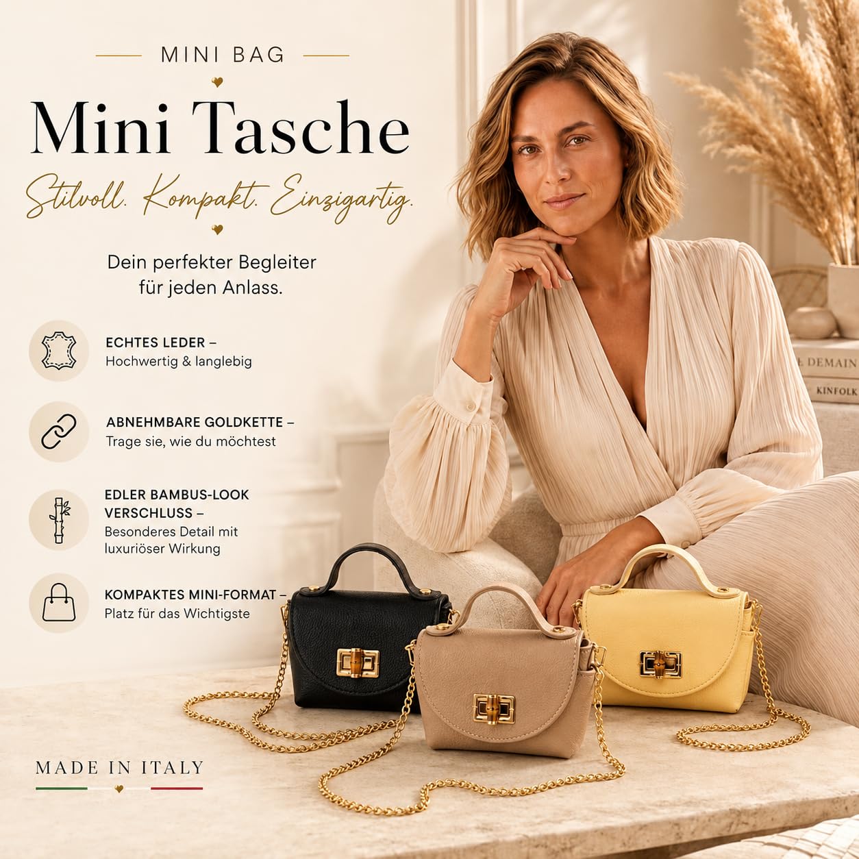 Ziona Kleine Damen Handtasche Echtleder – Elegante Umhängetasche Made Italy