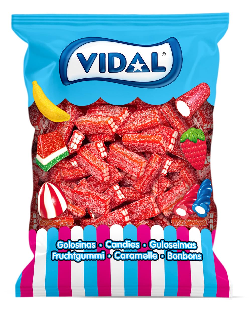 Vidal Golosinas. Ladrillos de regaliz rellenos Pica Fresa. Regaliz con forma de ladrillo sabor fresa y relleno de nata. Bolsa de 250 unidades