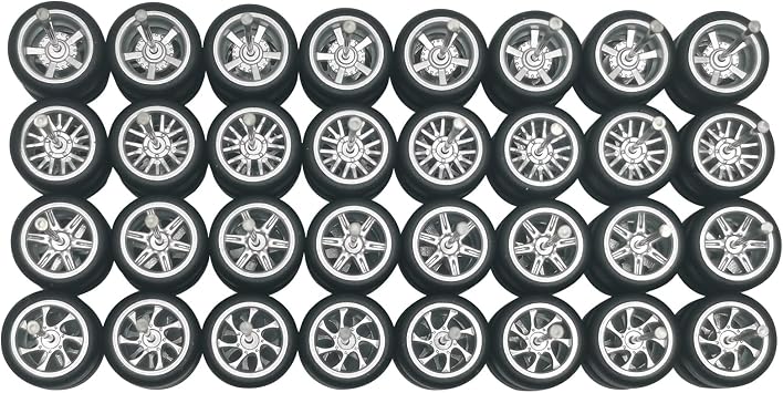 16 Set Wheels and Tires Kit Simulation 1/64 Model Modified Tire with Rubber Tires and Silver Hub Suitable for Adding Collection Value to 1/64 Model Cars