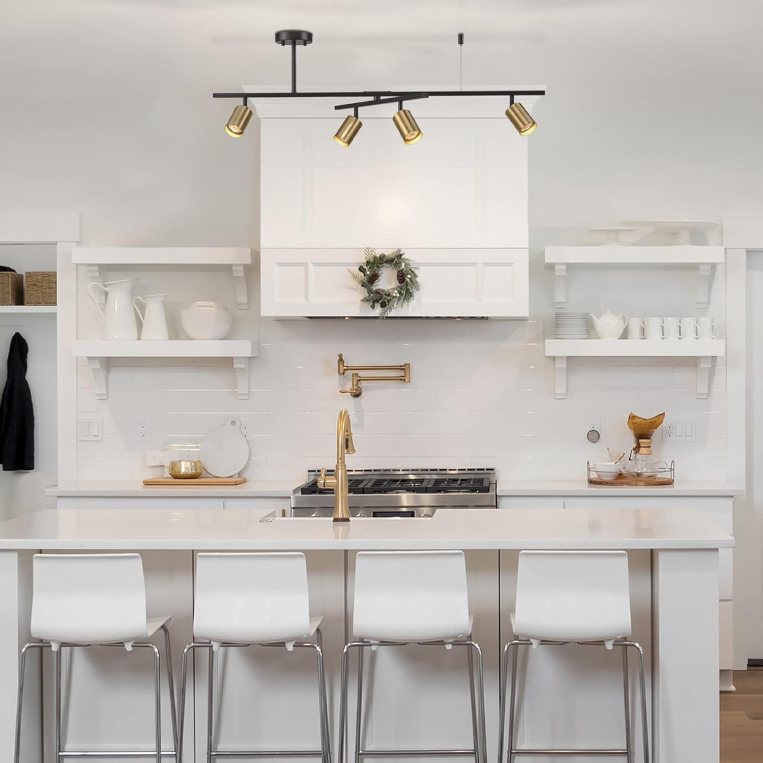 Globe Electric 4-Light Track Lighting, Matte Black, Matte Brass Heads, Center Swivel Bar, Dimmable, 57501