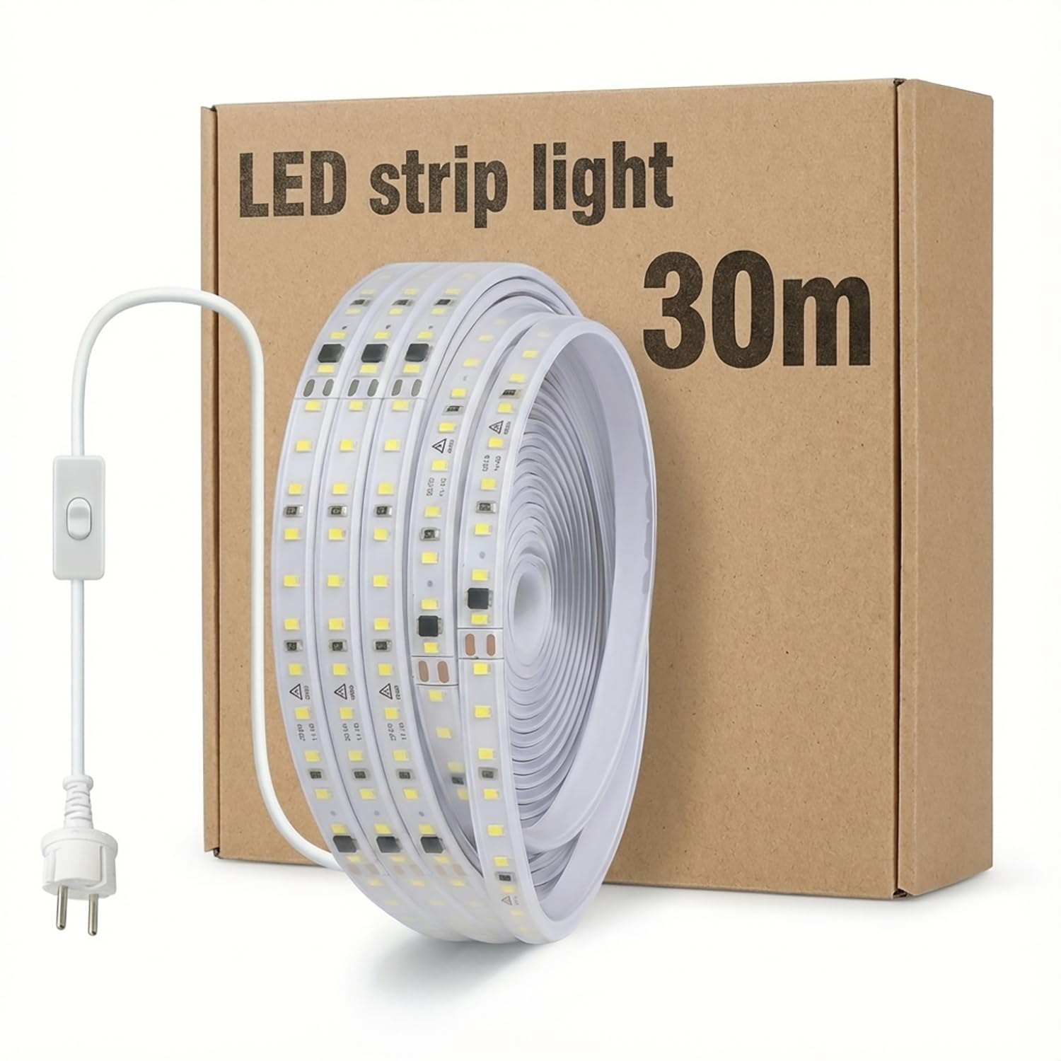 Striscia LED 220V Impermeabile IP65 30 Metri, Illuminazione LED ad Alta Luminosità, per Interni ed Esterni, con Interruttore, Spina Tipo F, Supporto Adesivo e Clip, Luce bianca fredda