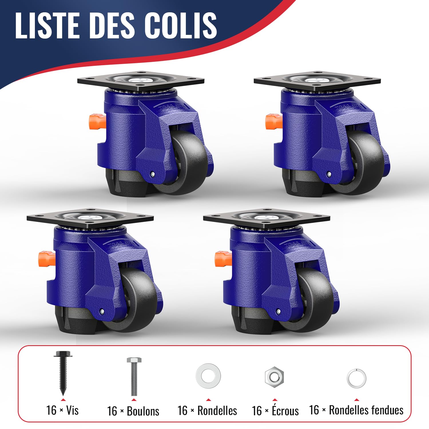 Roulettes de Nivellement avec Poignée à Cliquet - Roulette Charge Lourde Lot de 4 - Capacité Totale de 1200 kg - Roulettes Industrielles pour Établis, Meubles Lourds