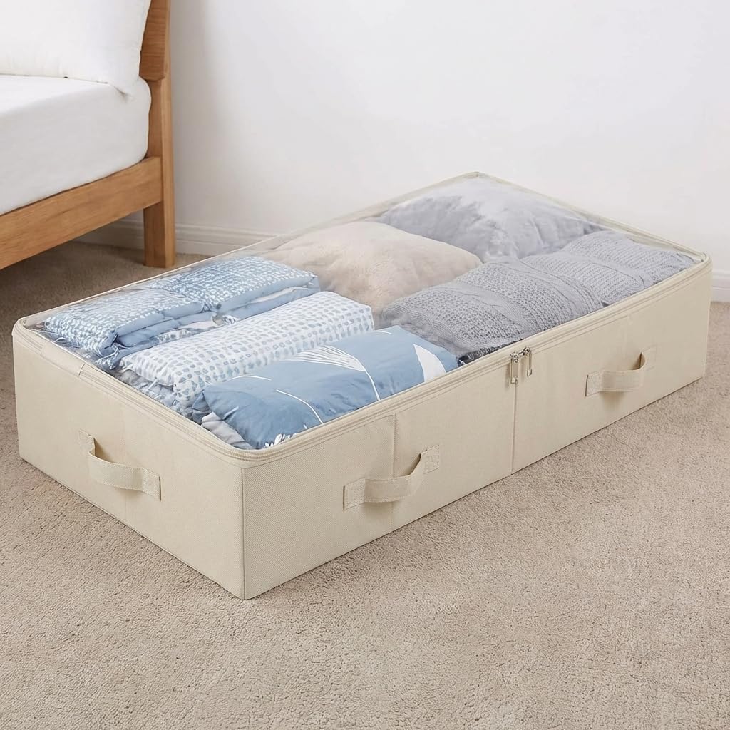 Geräumige Unterbett-Aufbewahrungstaschen mit transparentem Deckel, 85 x 43 x 15 cm, ideal für Kleidung, Bettwäsche, Schuhe, faltbar & waschbar, platzsparende Aufbewahrungslösung, Beige