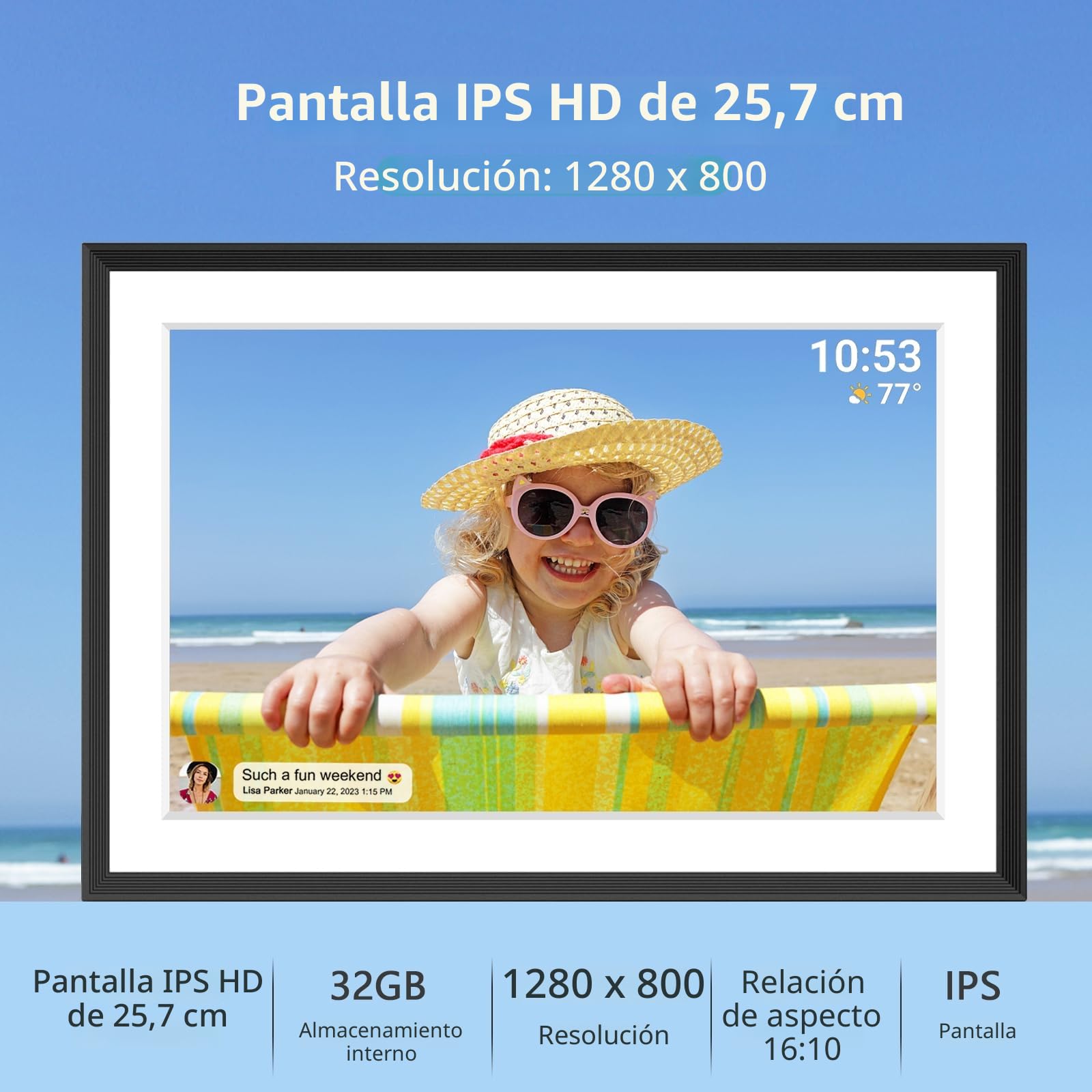 Marco de Fotos Digital WiFi de 10,1 Pulgadas, 1280 x 800 IPS LCD, Pantalla táctil LCD, Memoria integrada de 32 GB de Memoria automática, comparte Momentos al Instante a través de la aplicación Frameo