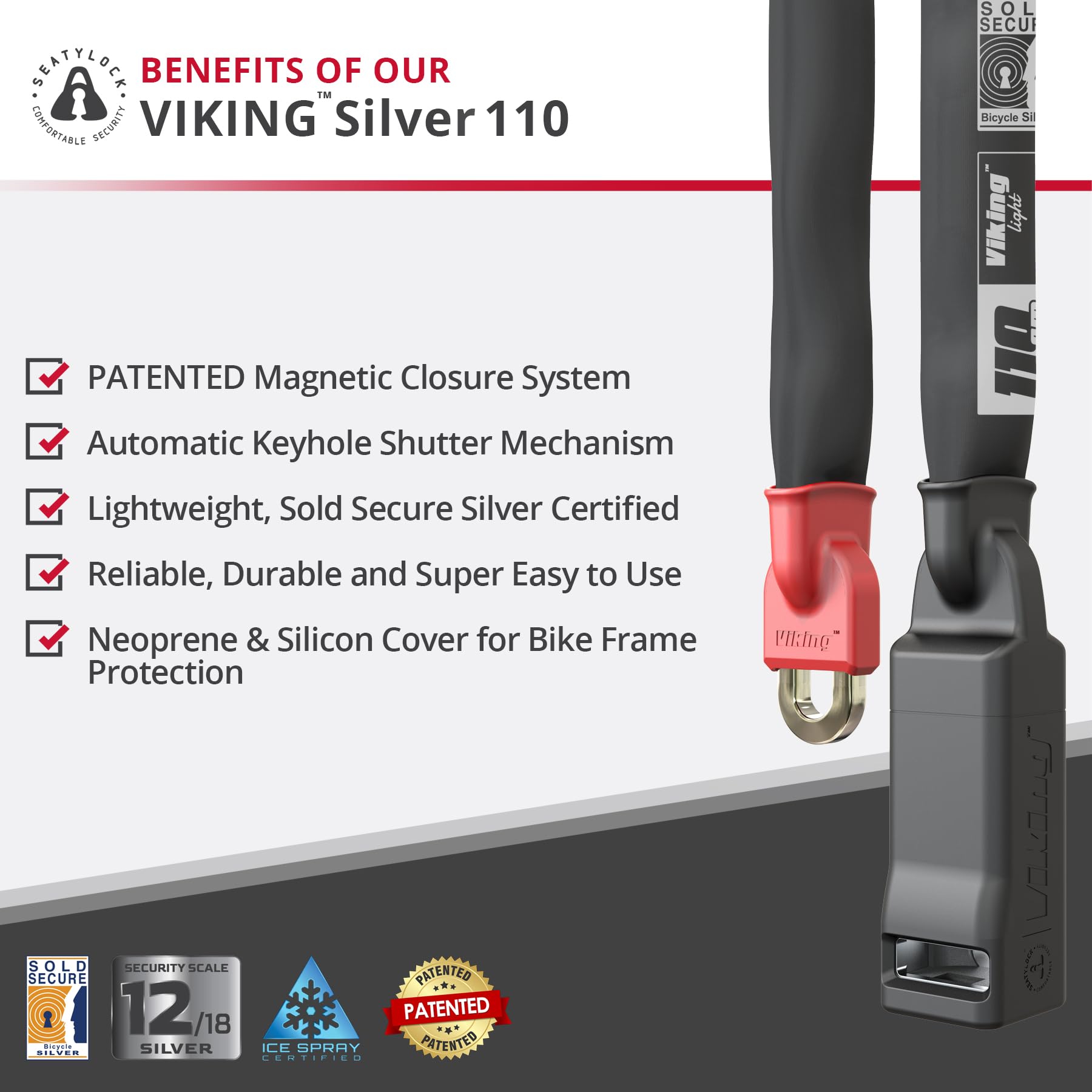 Seatylock Viking Chaine Antivol Velo - Cadenas Velo Antivol Ultra Leger en Acier Trempé - Anti Vol Velo avec 3 Ans de Tranquillité d'Ésprit (110 cm, Classé Sold Secure Argent)