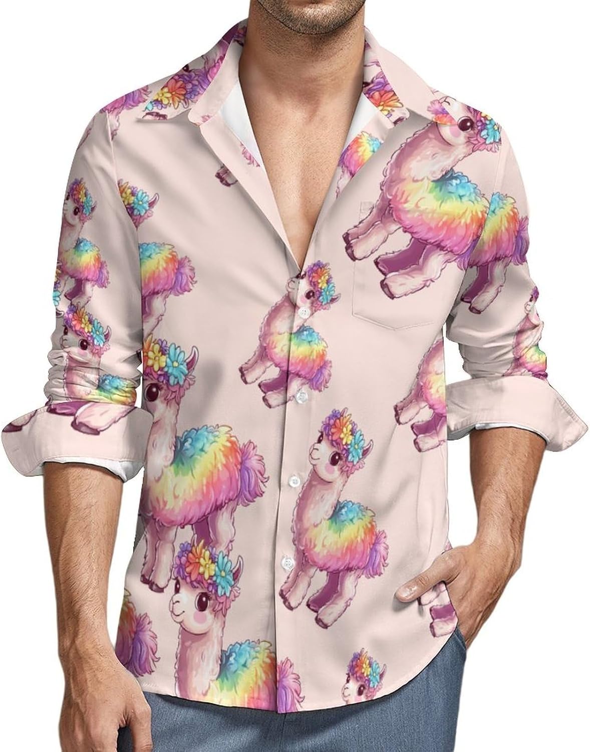 Alpaca Long Sleeve Shirts Casual Dress Shirt Button-down T-shirts for Men