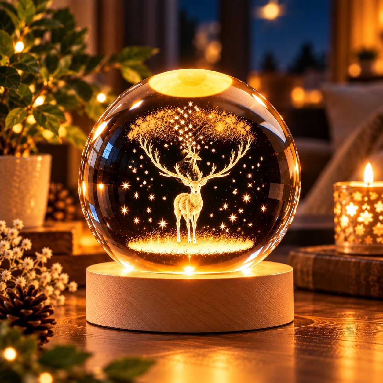One94Store 3D Engraved Deer Crystal Globe Lamp | USB LED Night Light with Wooden Base | Creative 6 cm Crystal Ball Table Lamp for Bedroom, Home, Office Décor & Gifting (Warm White)