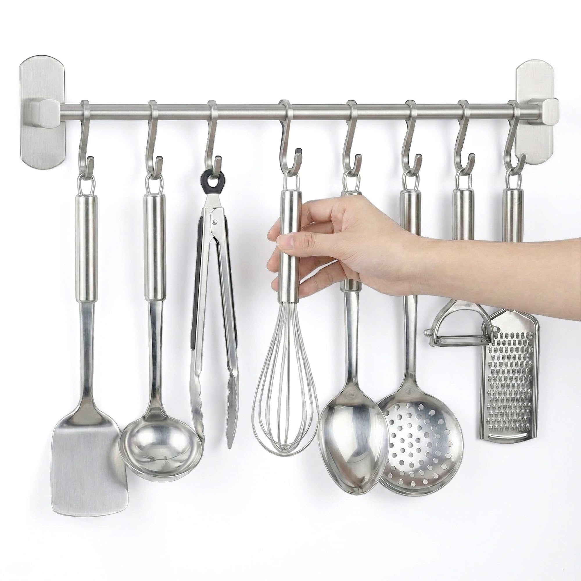 joeji's Kitchen Utensil Rack 40cm - Aluminium Kitchen Rail with 8 Hanging Hooks - Wall Mount Strong 3M Self Adhesive - No Drill Space-Saving Tool Holder - Silver