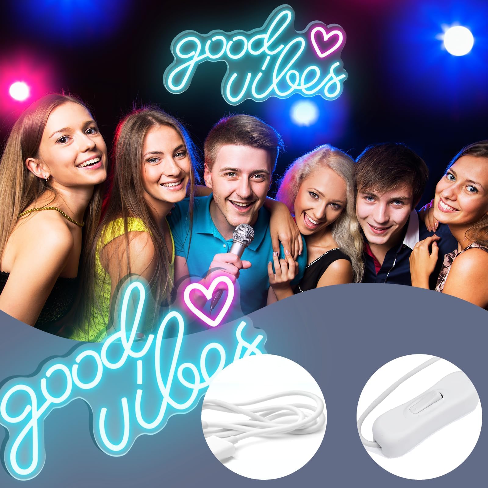 Good Vibes Neon Light Sign,Insegna Al Neon Led Personalizzata, Neon Signs for Wall Decor,alimentato Tramite USB,con Interruttore Regolabile,design A Doppia Catena,Bar,Matrimoni,Feste,Compleanni