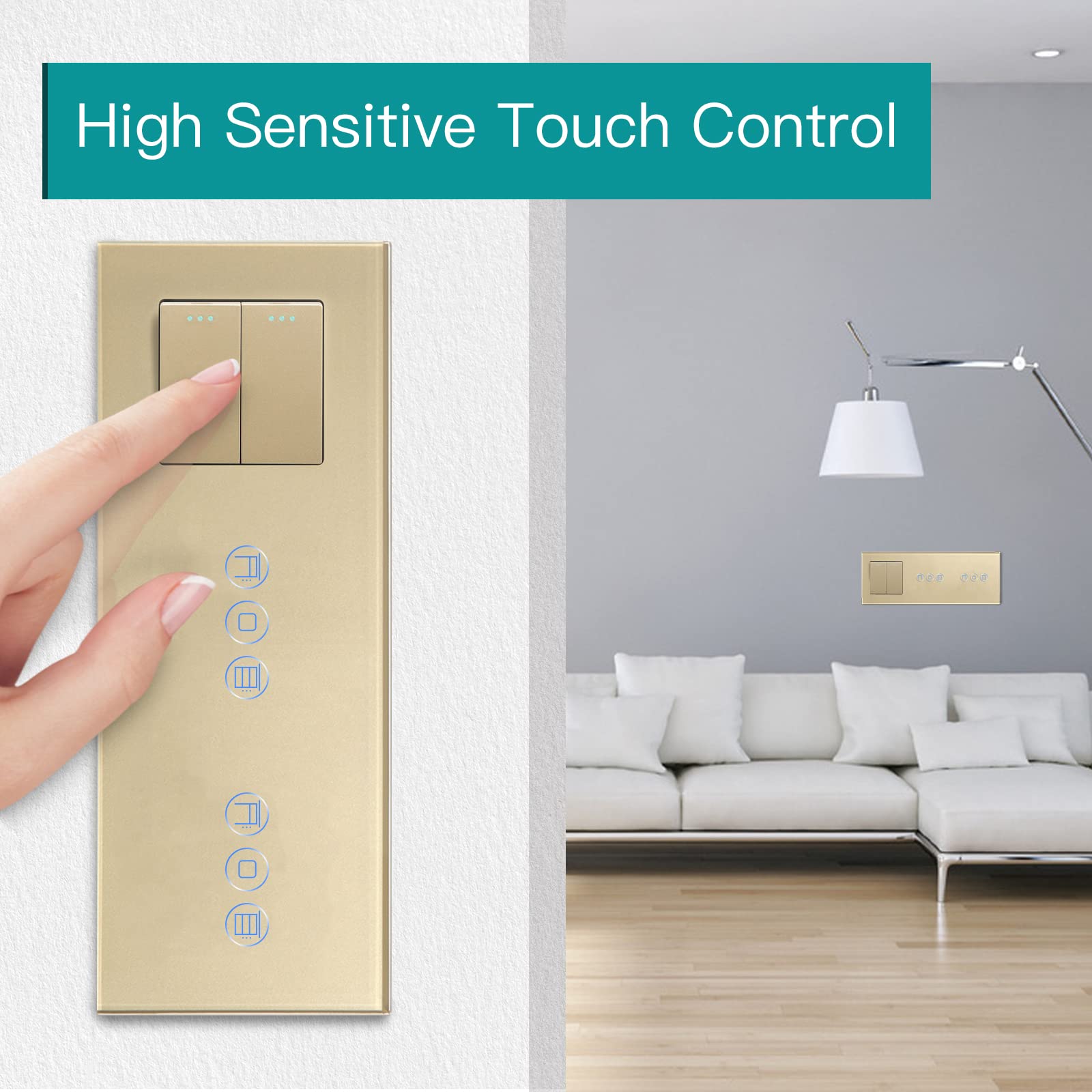 BSEED Druckknopf lichtschalter 2 Fach 1 Weg mit Rolladenschalter Doppelt Jalousieschalter Kompatibel mit Alexa Smart Life, Tuya und Google Home 228mm Gold