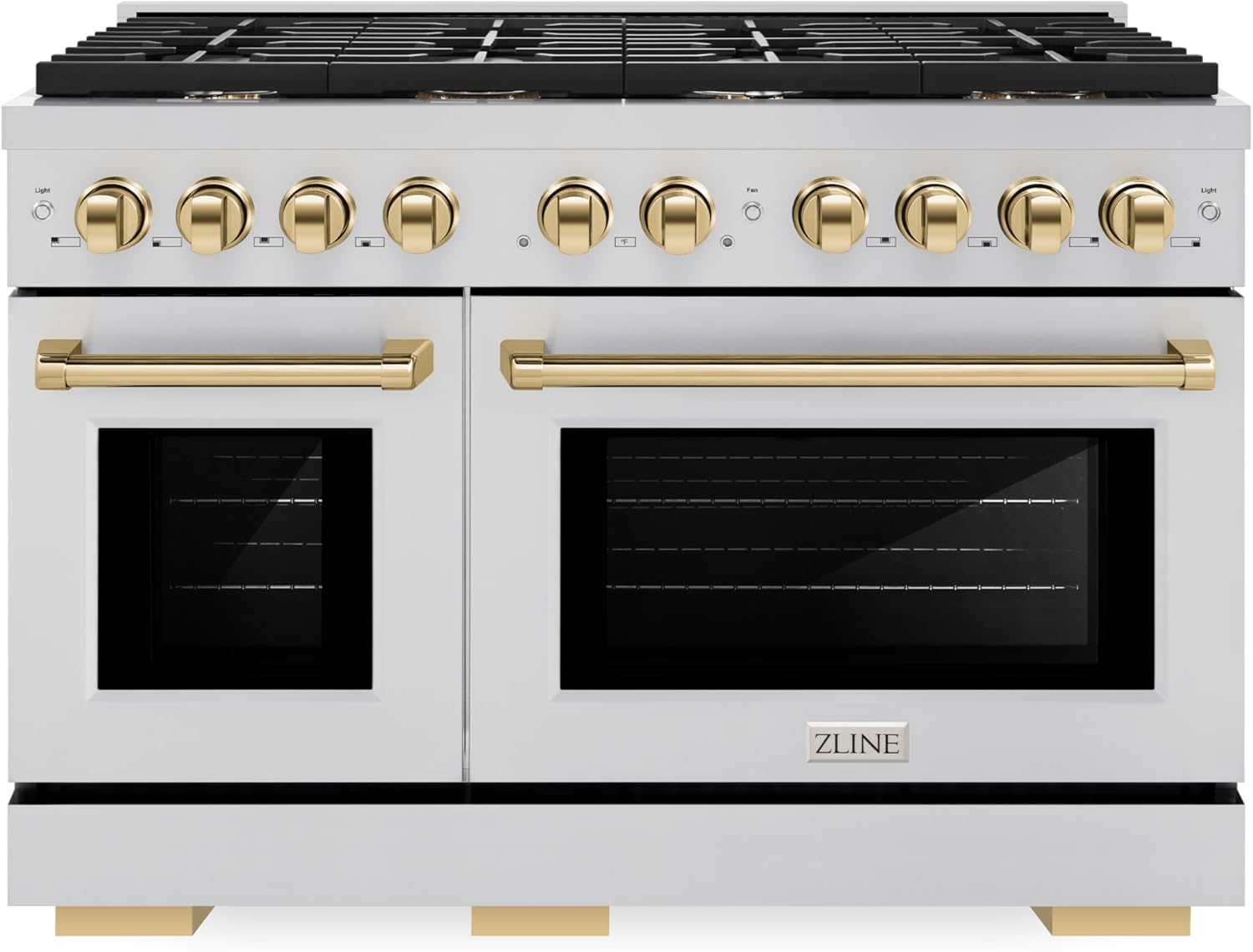 ZLINE Autograph Edition 48 in. 6.7 cu. ft. Paramount Double Oven Dual Fuel Range with 8 Burner Gas Cooktop in Stainless Steel and Polished Gold Accents (SDRZ-48-G)