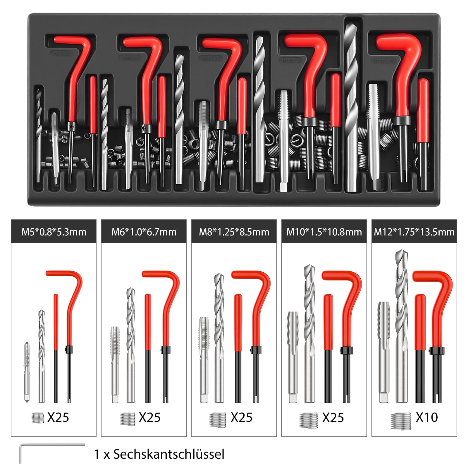 Helicoil - Juego de reparación de roscas de 131 piezas, HSS, juego completo para M5, M6, M8, M10, M12 con brocas en espiral, mangos en T y caja de metal, para coche, motobloque, transmisión