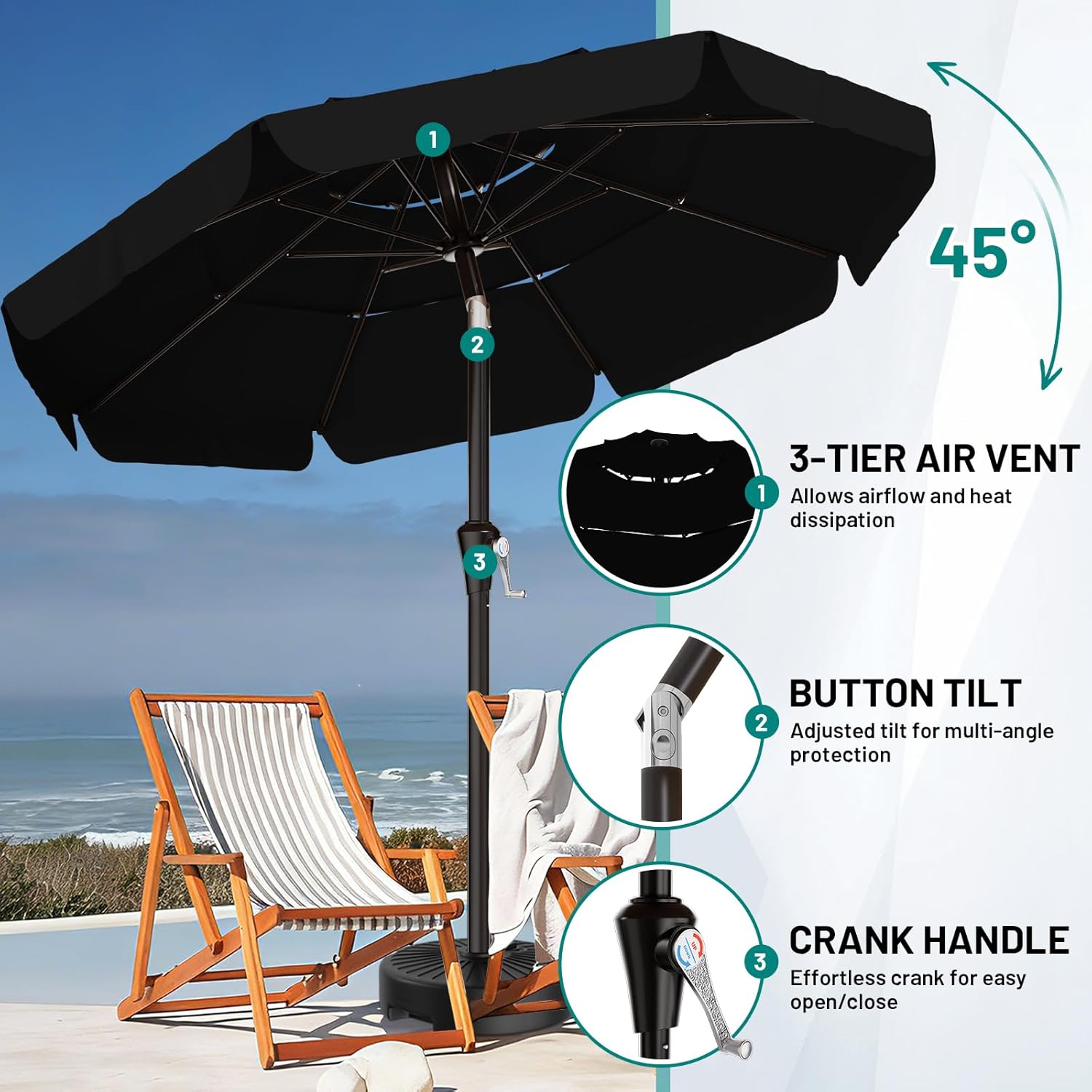 AreShark 9FT 3-Tiers Patio Umbrella with Valance, Outdoor Umbrellas with Crank/Tilt, Table Market Umbrella Vented w/ 8 Sturdy Ribs for Garden, Deck, Backyard, and Pool, Black