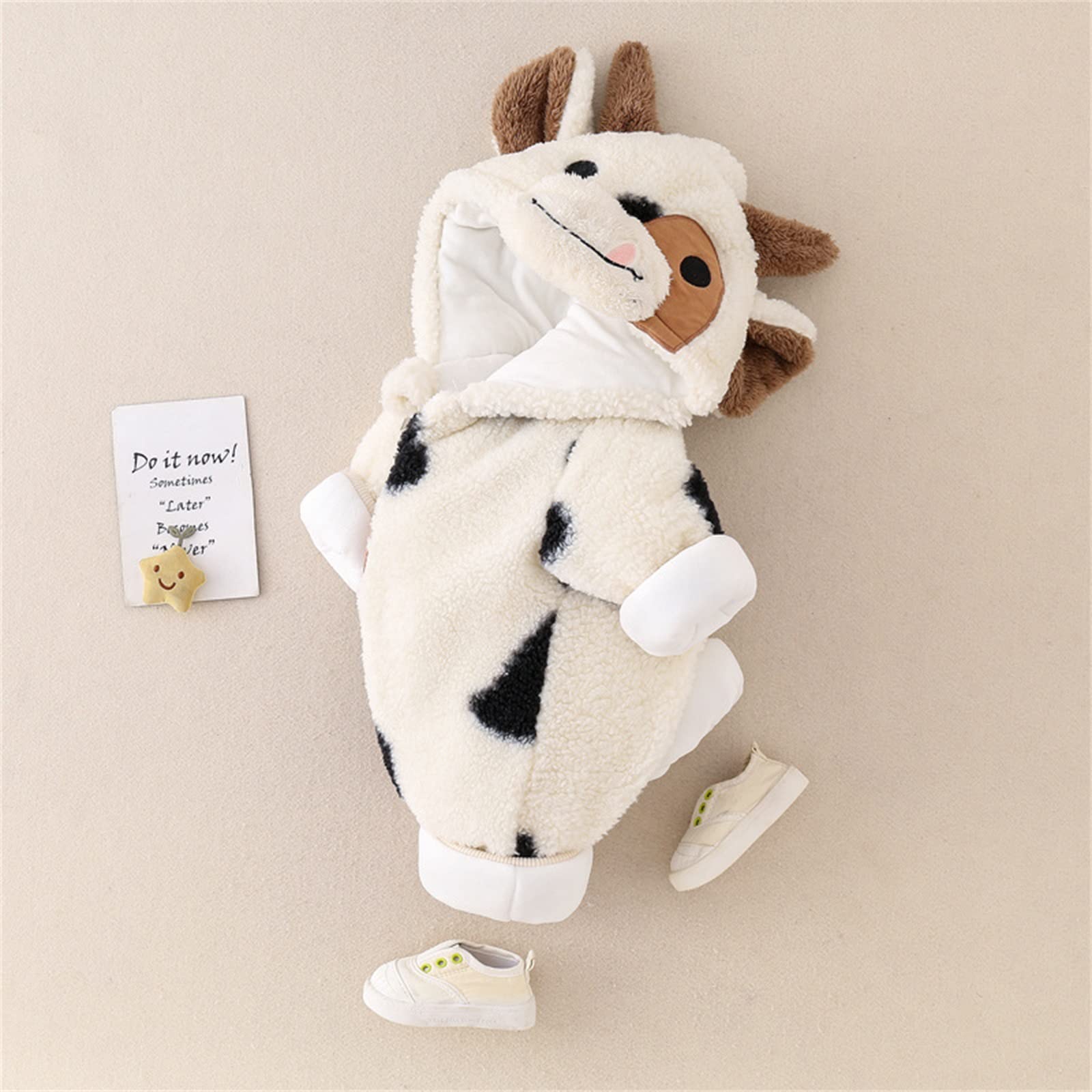 Baby Mädchen Jungen Tier Kostüm Winter Plüsch Overall Langarm Cartoon Cow Print Zipper Hooded Strampler Halloween Baby Kostüme Kleinkind Onesie (Beige, 12-18 Months)