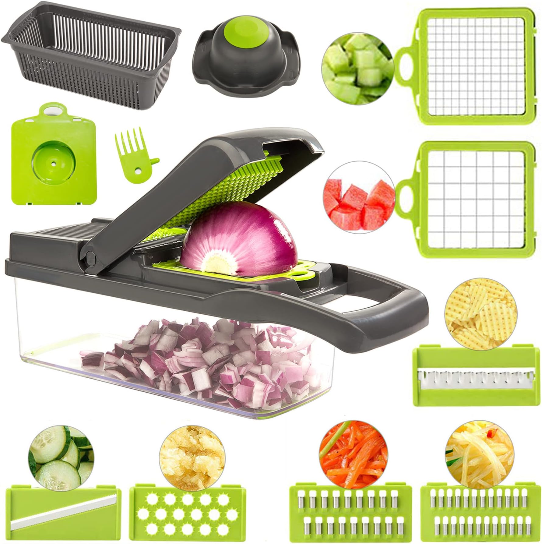 YFCXKPLP Vegetable Chopper - Newest Design Mandoline Slicer, 15 in 1 Chopper with Adjustable Cutter, Julienne Grater, Clean Brush and Hand Guard