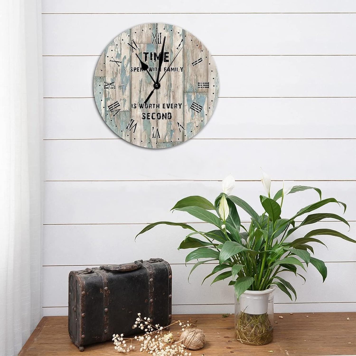 15x15in Round Wood Country Rustic Wall Clock Time Spent with Family is Worth Every Second Roman Numerals Wooden Clock Silent Non-Ticking Battery Operated Large Clocks for Living Room Wall Decorate