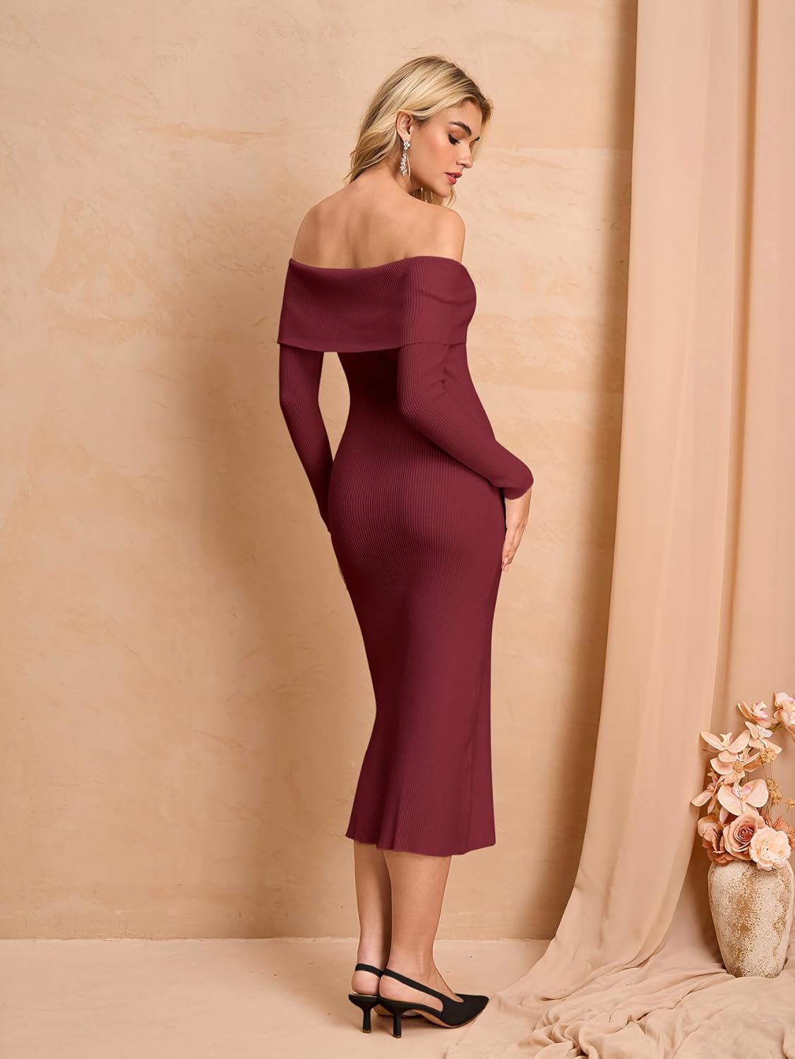KUTUMAI Women Fall Off Shoulder Sweater Bodycon Midi Dress Long Sleeve Slit Cocktail Formal Wedding Guest Dresses - Image 3
