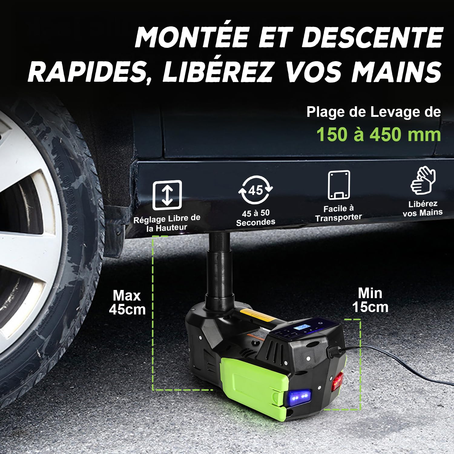 VOBOR Cric Électrique Voiture 5T, 4 in 1 Cric Hydraulique 12V avec Écran LCD et Pompe de Gonflage des Pneus, 150-450mm Leve pour Voiture Pickup Changement de Pneu Garage Réparation
