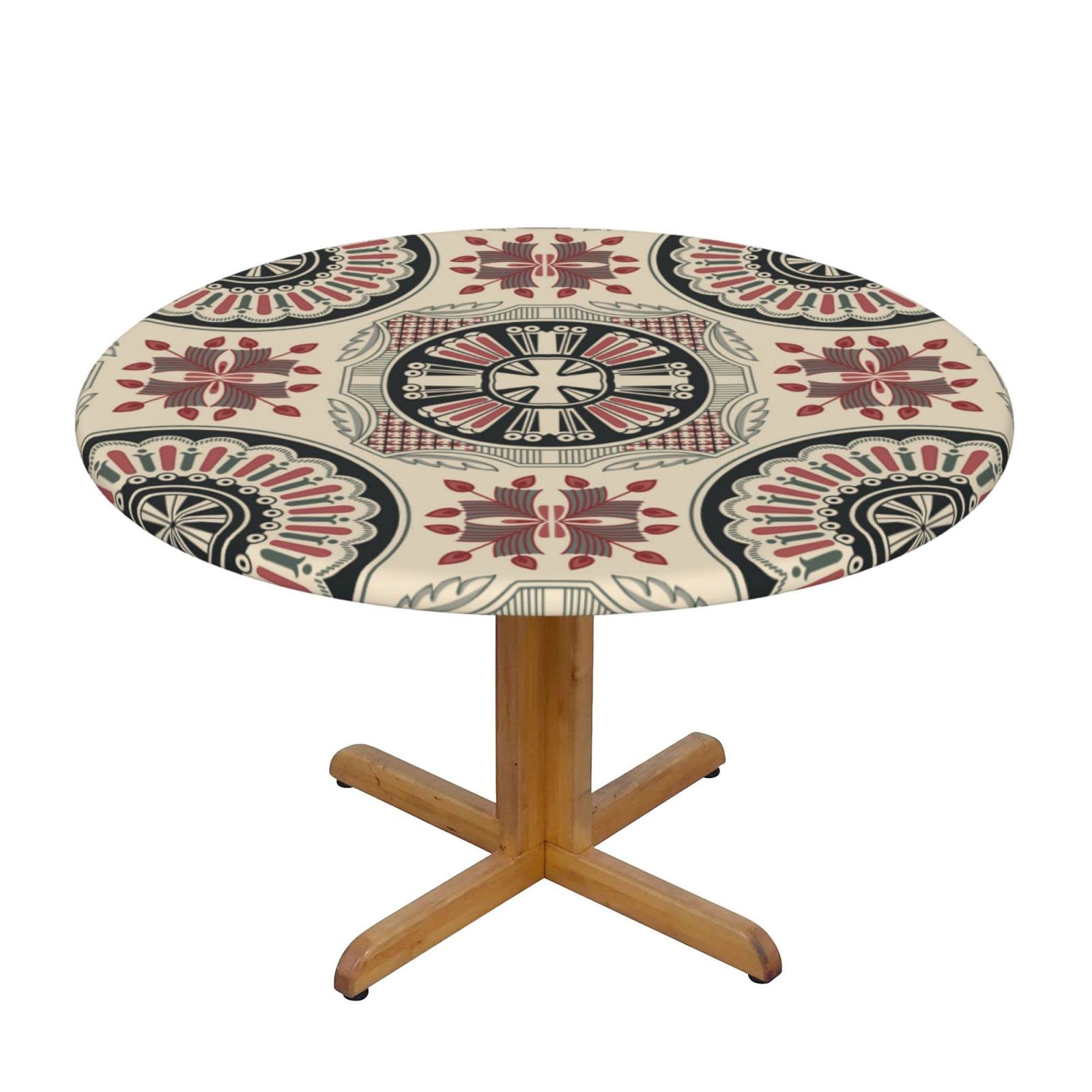 Lsjuee Round Fitted Tablecloth 45-50in Elastic Edged Table Cloth for Kitchen Dining Party Home Decor - Vintage Mandala Floral Beige