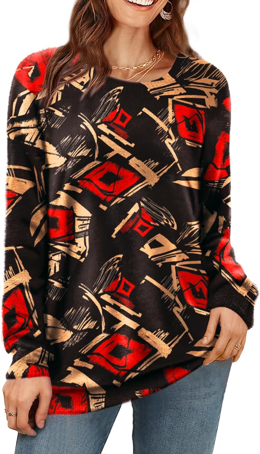 YESNO Women Christmas Sweater Graphic Printed Oversized Pullover Sweaters Casual Loose Knit Tops S01