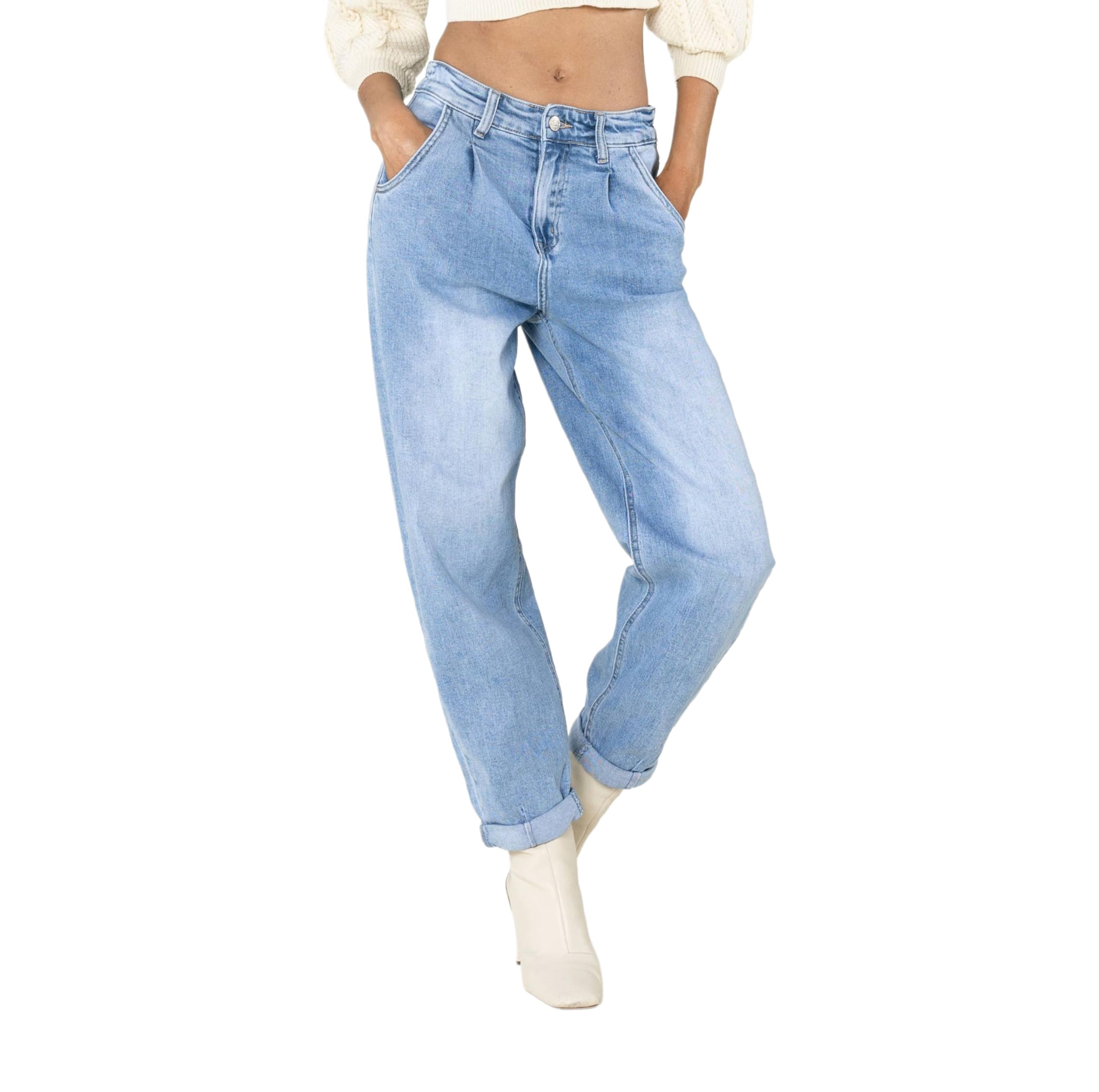 Nina Carter YY303 Damen High-Waist Baggy Jeans – Lässige Weit geschnittene Jeanshose Stretch-Denim Used Look
