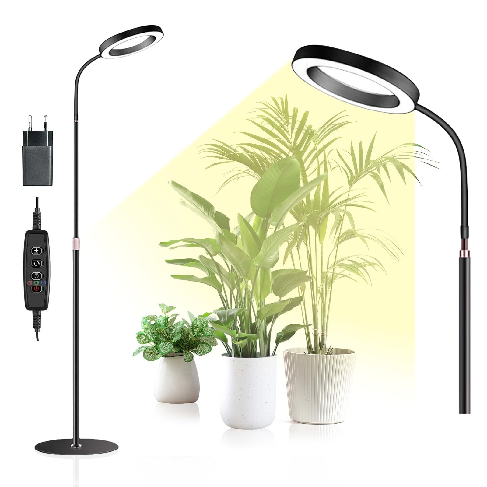 Lampe Horticole LED, Lampe Plante Interieur avec Minuterie 6/12/16H, 3 Modes & 10 Niveaux Luminosité, Hauteur Réglable 57-165cm, Grow Light pour Plantes d'Intérieur, Livré avec Timer et Adaptateur