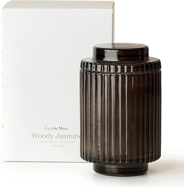 LA Jolie Muse Woody Jasmine Scented Candle, Natural Wax, 80 Hours Long Burning, Glass Jar for Gift and Home Decor