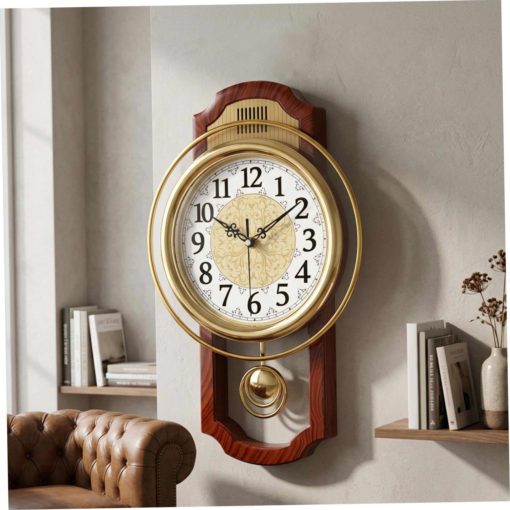 Latemeia Pendulum Wall Clock - Wall Clock Quiet-Ticking Quartz Movement for Living Room & Bedroom, Square Woodgrain Design, Ornaments extérieurs