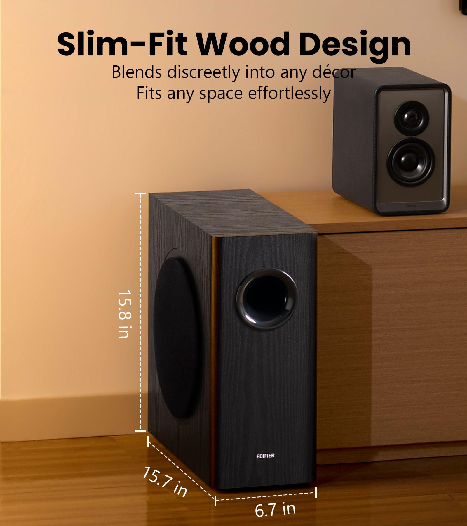 Edifier 70W RMS, 8 inç Uzun Mesafeli Woofer, Derin Bas (35Hz) Hoparlör, Dahili Amp, Düşük Bozulma, Faz Seçici ve Ev ve Stüdyo Sesi için Enerji Verimli T5s Powered Aktif Subwoofer, Siyah