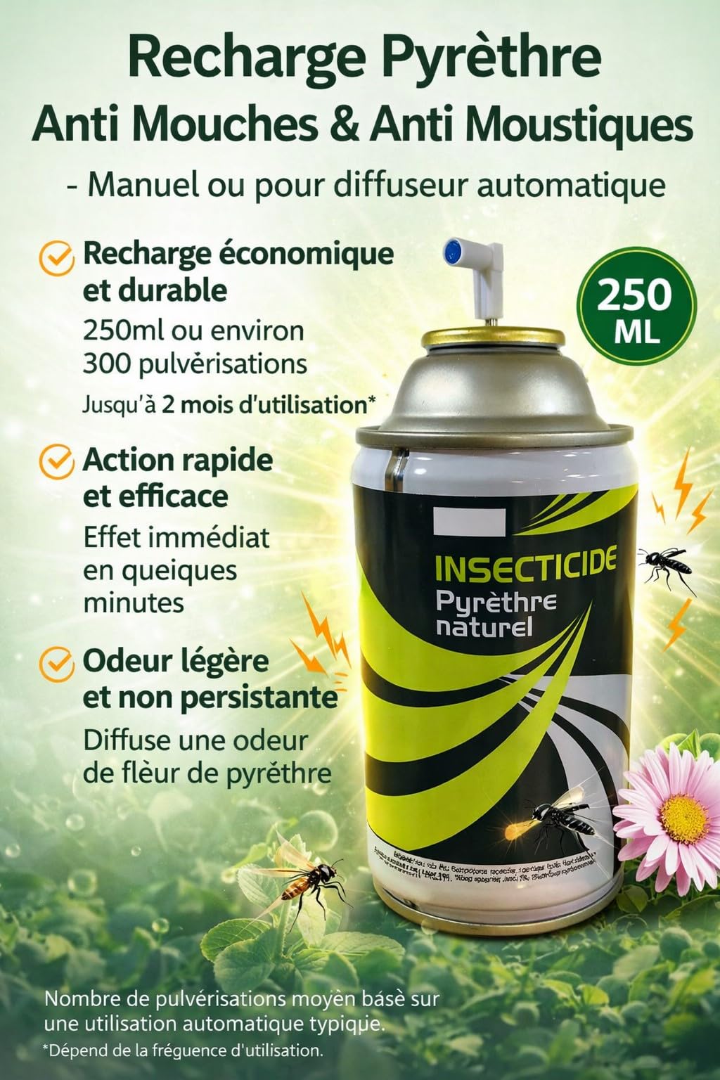 NUISIPRO - Pyrèthre Puissant Anti Mouches & Anti Moustiques - Lot de 4 - Usage Manuel ou Diffuseur - Effet Immédiat - Insecticide Naturel