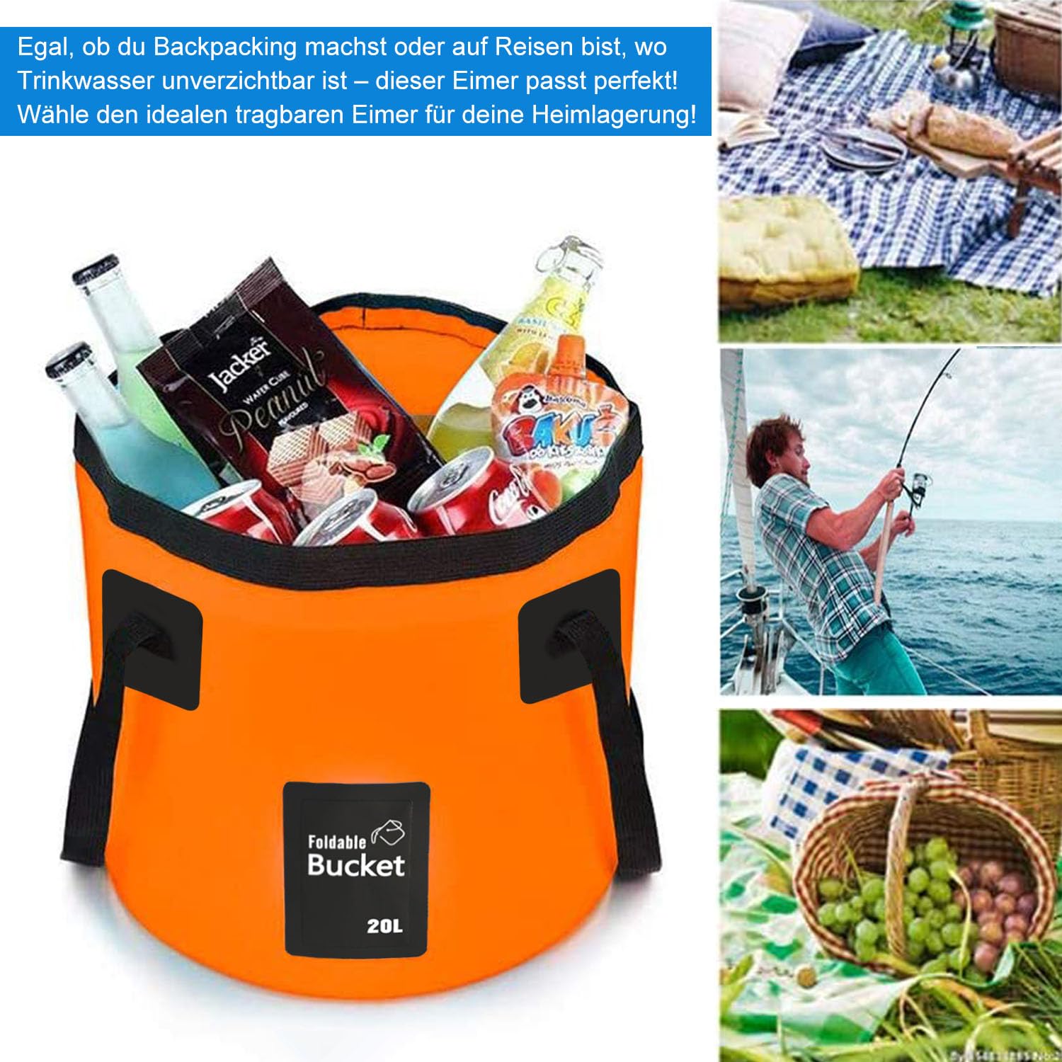 12L/20L Faltbarer Eimer, Leichtgewichtiger, Tragbarer & Klappbarer Wassereimer für Camping, Reisen, Picknick, Wandern, Angeln, Bootfahren, Gartenarbeit, Autowaschen