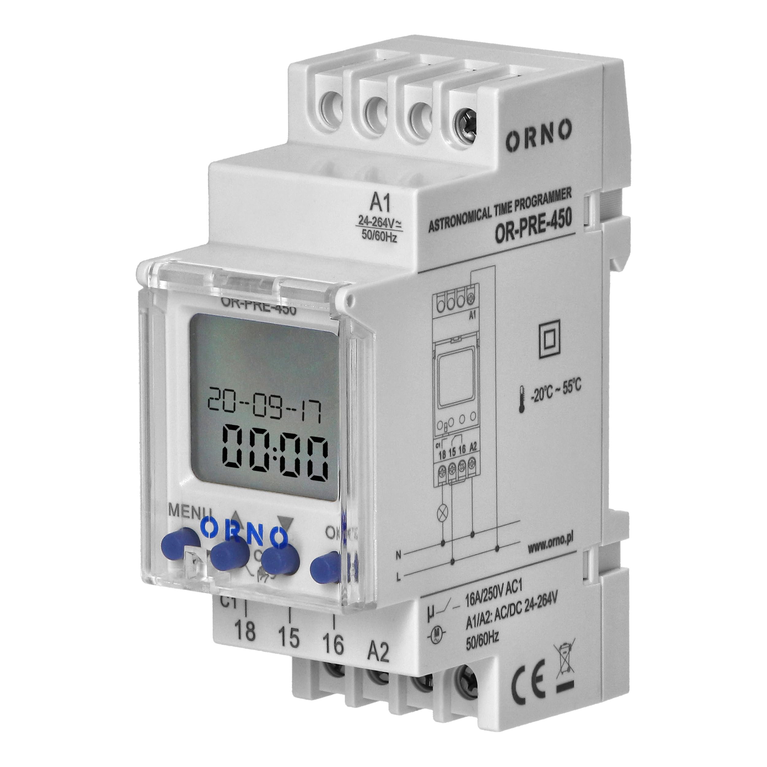 ORNO PRE-450 Elektroniczny programator czasowy, 52 programy, 3 języki menu, 1 wyjście przekaźnikowe