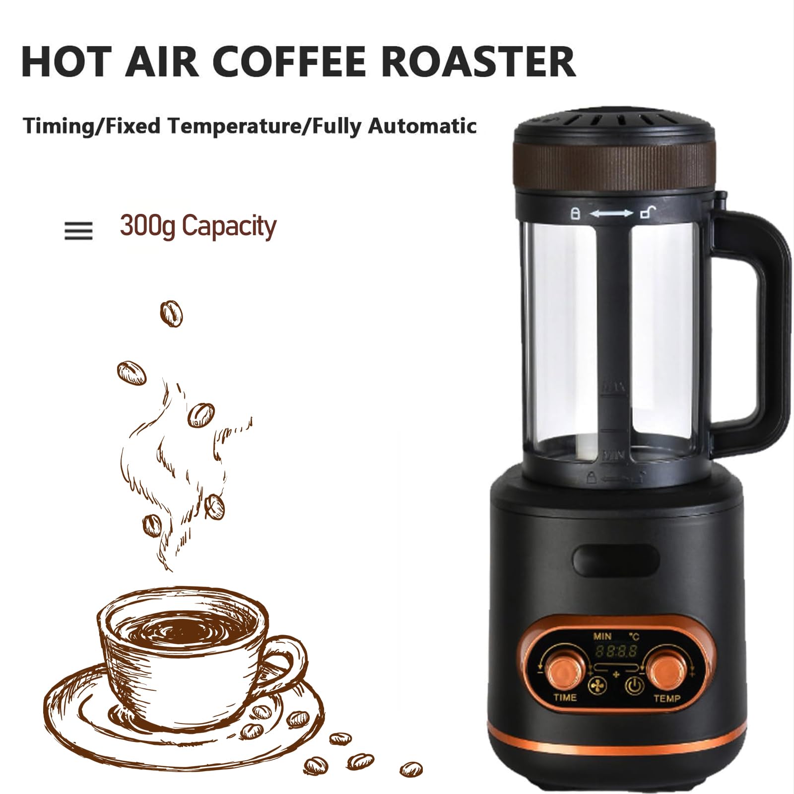 Tostador De Café Eléctrico Profesional, Tostadora De Granos De Café con Temporizador De 30 Minutos, Capacidad De 300 G, Aire Frío/Caliente Y Ajuste De Velocidad del Viento, para Cafetería