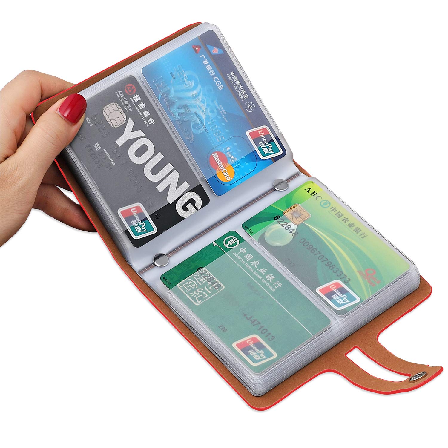 Romozi RFID Credit Card Holder, Leather Business Card and Credit Card Organizer with Driver's License, Credit Card Protector with 60 Card Slots to Protect Multiple Cards from Loss or Damage (Red)