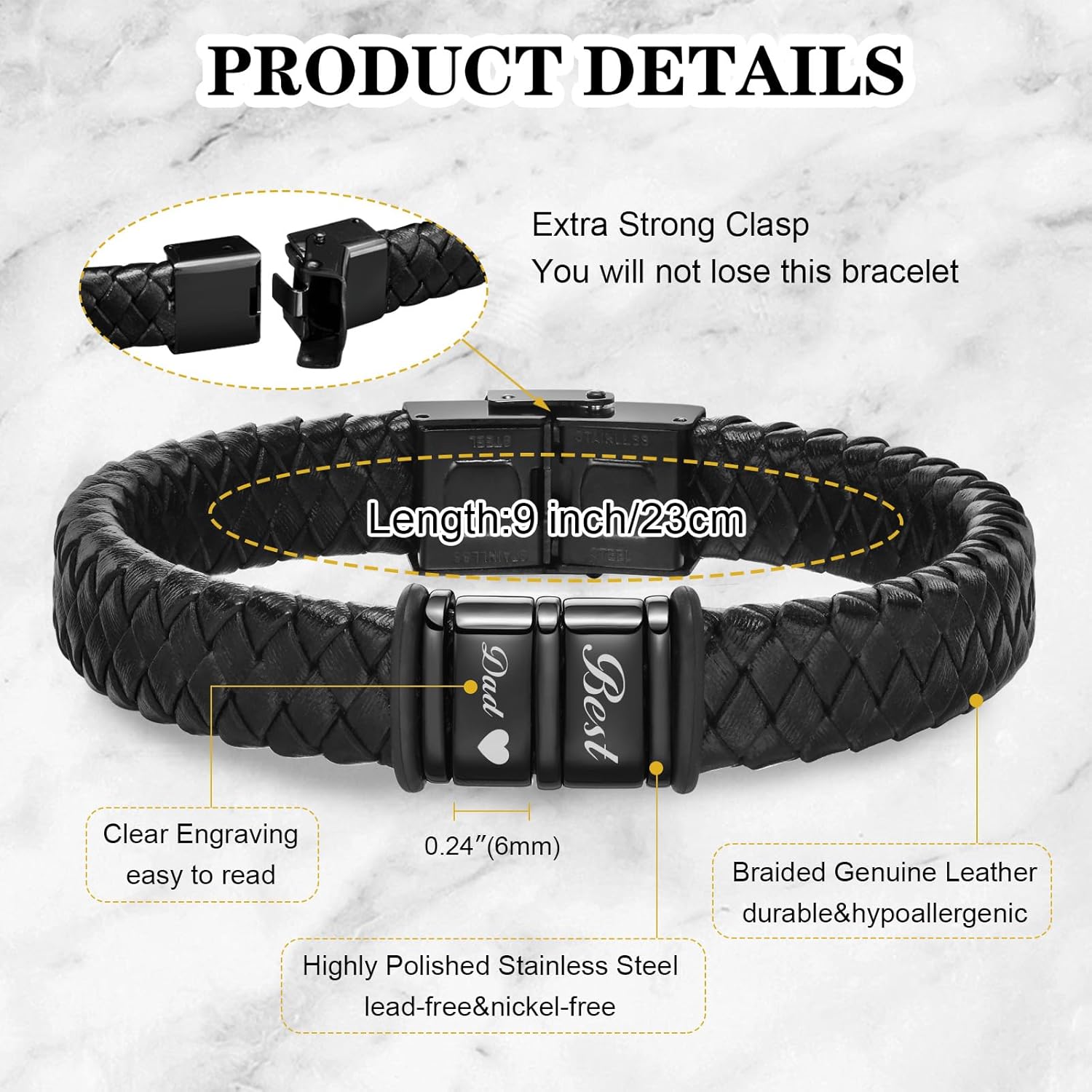 Father Gift Personalized Leather Dad Bracelet 2-6 with Kids Name, Adjustable Custom Mens Genuine Braided Leather Fathers Day Bracelet Jewelry Gift for Husband Dad Boyfriend from Daughter Son, 8/8.5" - Image 3