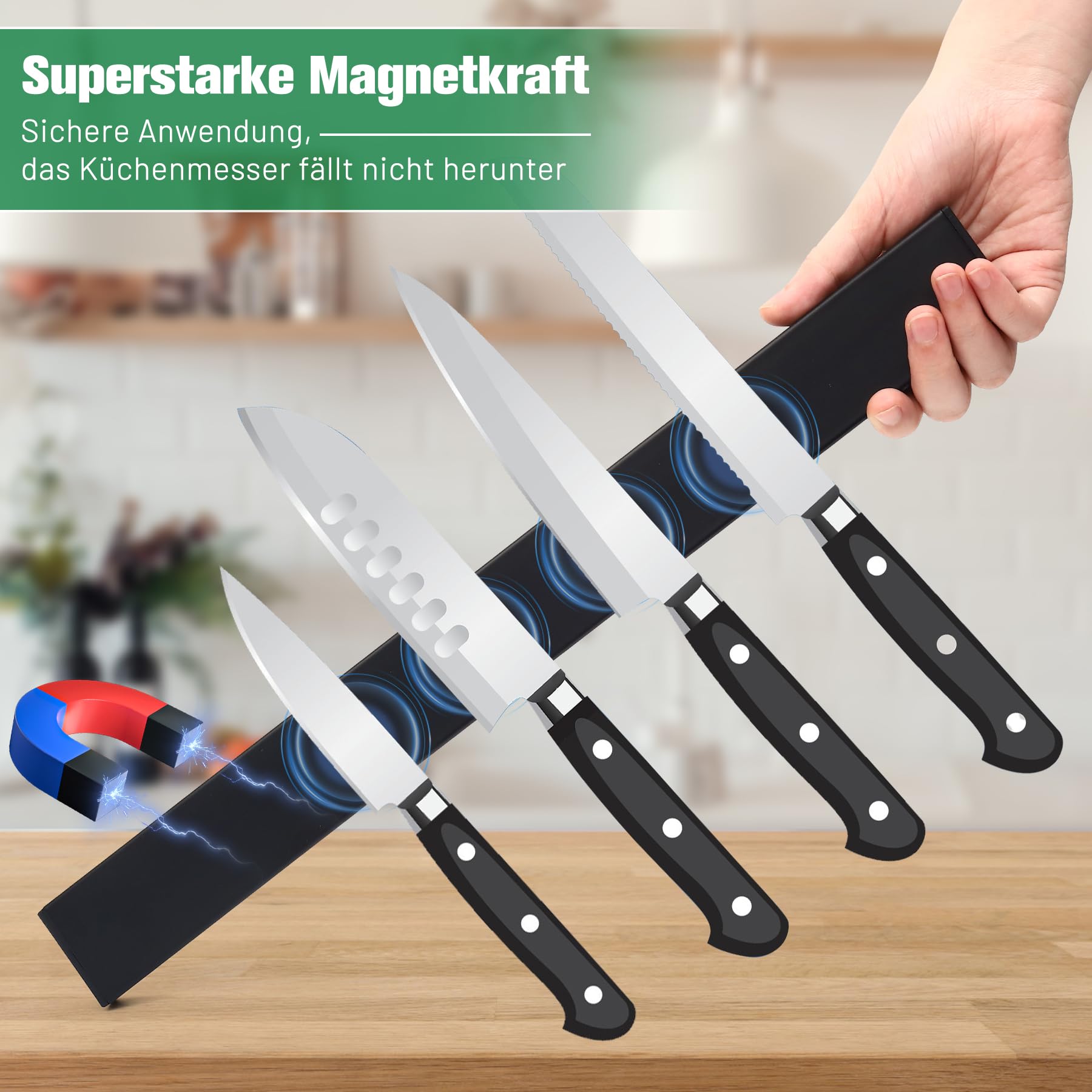 Magnetleiste Messer 40 cm, Messerhalter magnetisch schwarzmit 3 Haken,Magnet Messerhalter aus Edelstahl mit Klebeband und Schrauben für Messer und Utensilien
