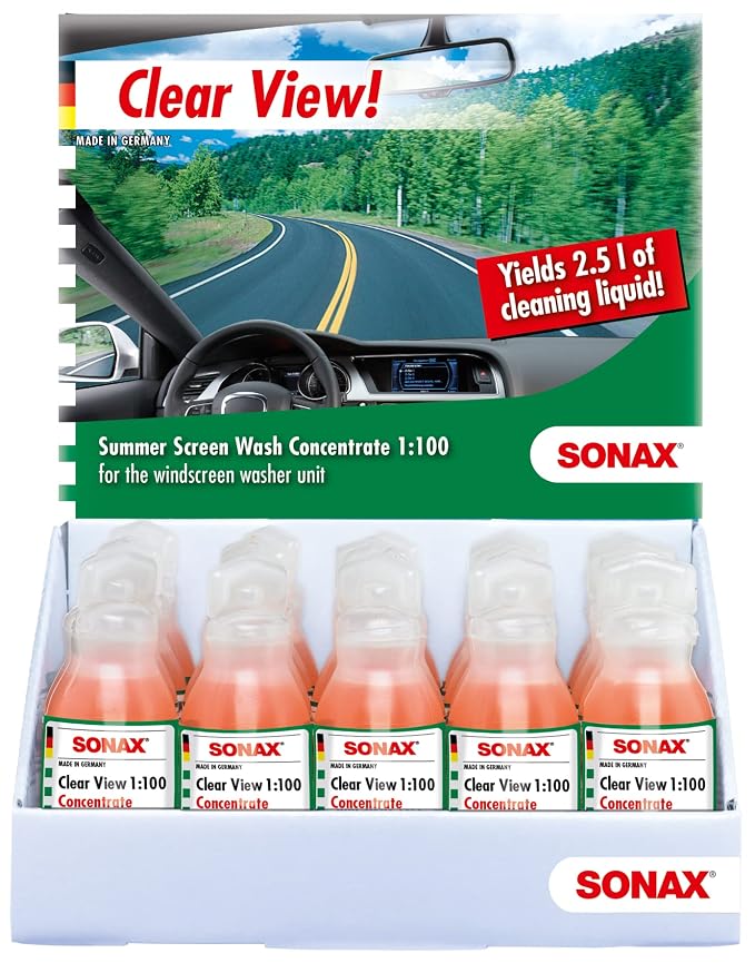SONAX Clear View Windshield Washer Fluid 25 ml (Pack of 1) | 1:100 Windscreen Cleaner (Makes 2.5 Ltr Liquid) | Removes Insects, Oil, Road Grime & Silicone | Safe for Plastic & Headlamp
