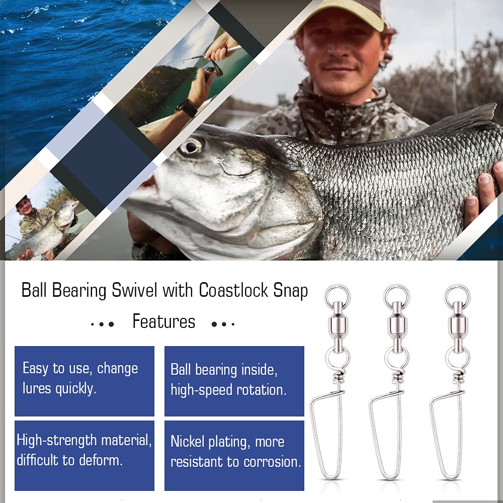 AMYSPORTS Lot de 48 émerillons de pêche en acier inoxydable à roulement à billes pour eau salée Haute résistance 54 kg