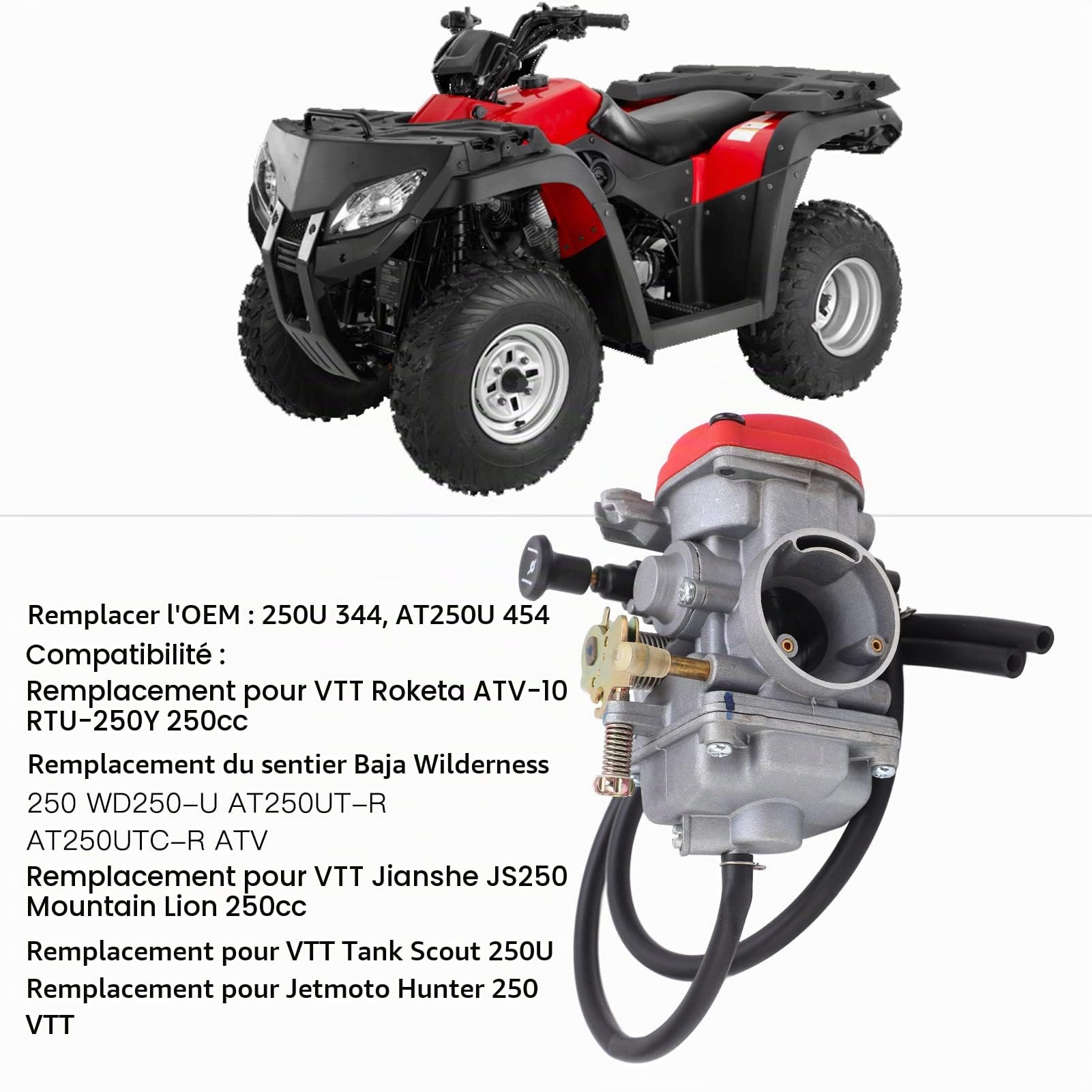 Carburateur professionnel 28 mm/1,1 po 250U 344 AT250U 454 Carburateur remplacement en caoutchouc et alliage pour VTT Jianshe JS250 Mountain Lion 250 ml