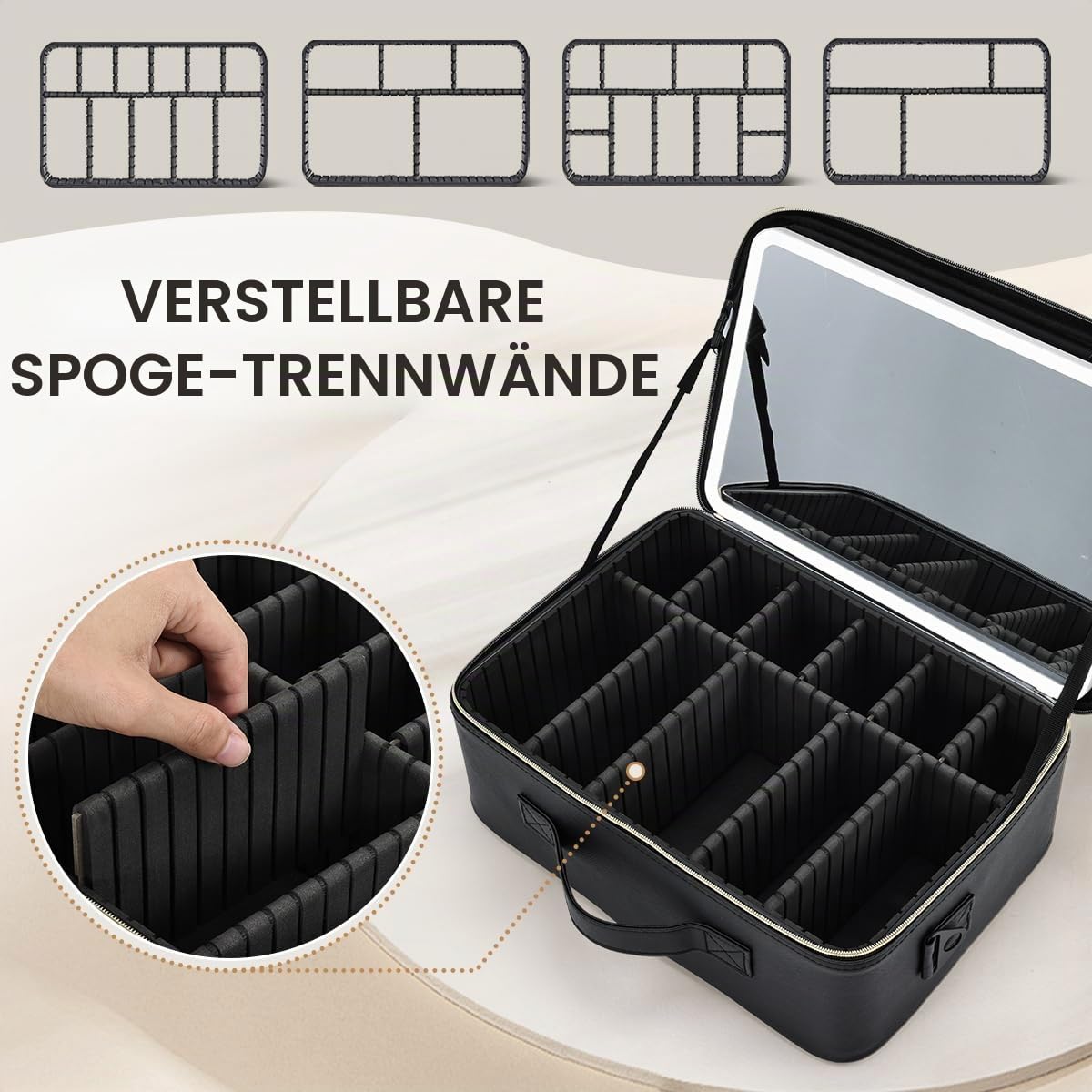 Kosmetiktasche Große Make up Tasche Schminkkoffer mit Beleuchtetem Spiegel-3 Farben LED Licht Schminktasche Damen Kosmetikkoffer Make up Koffer,Schwarz