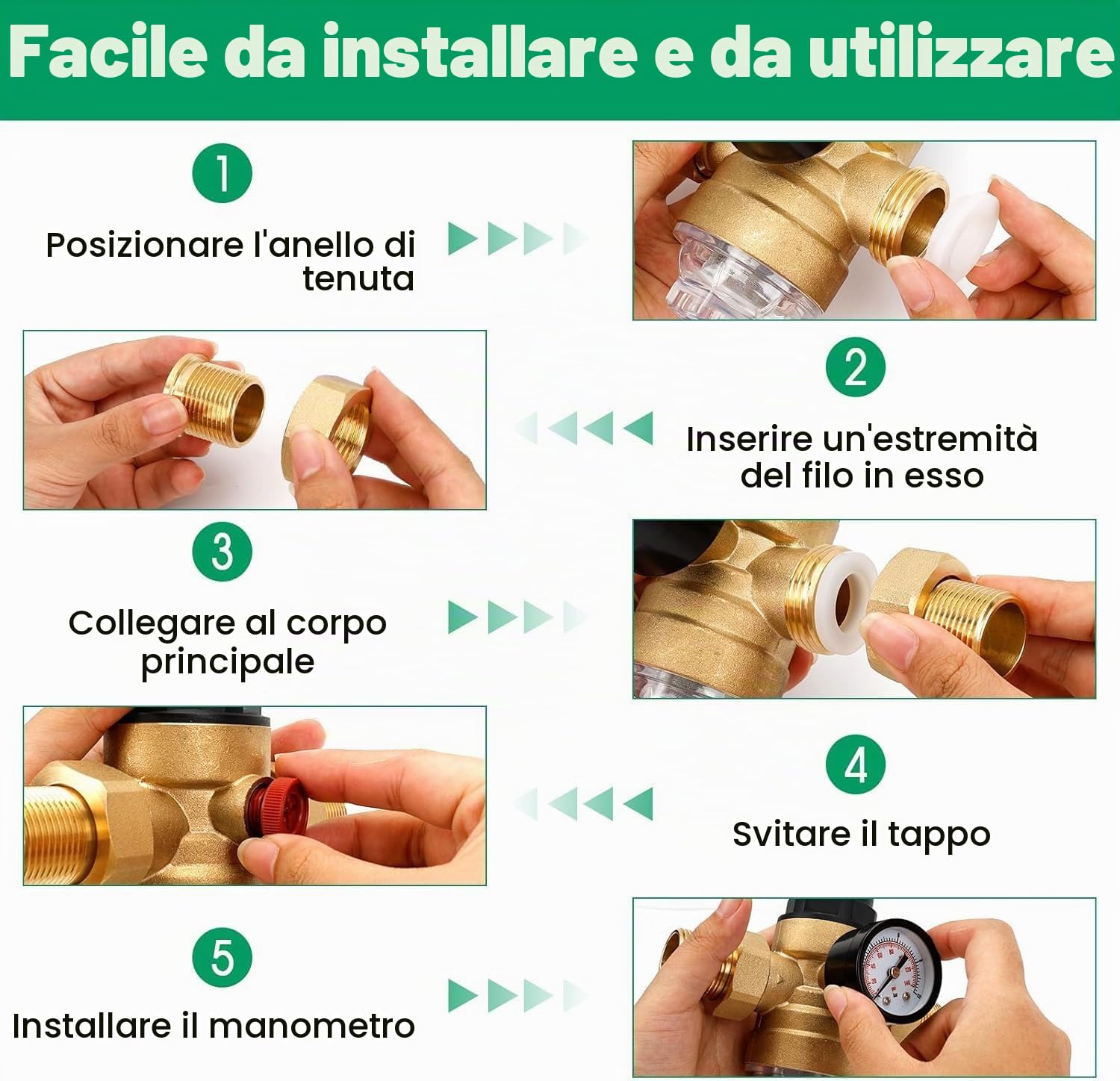 Riduttore Di Pressione Acqua, 1/2 Pollici DN15 Regolatore Di Pressione Acqua Con Manometro, Valvola Di Riduzione Della Pressione Dell'Acqua Ottone Riduttore Pressione Acqua